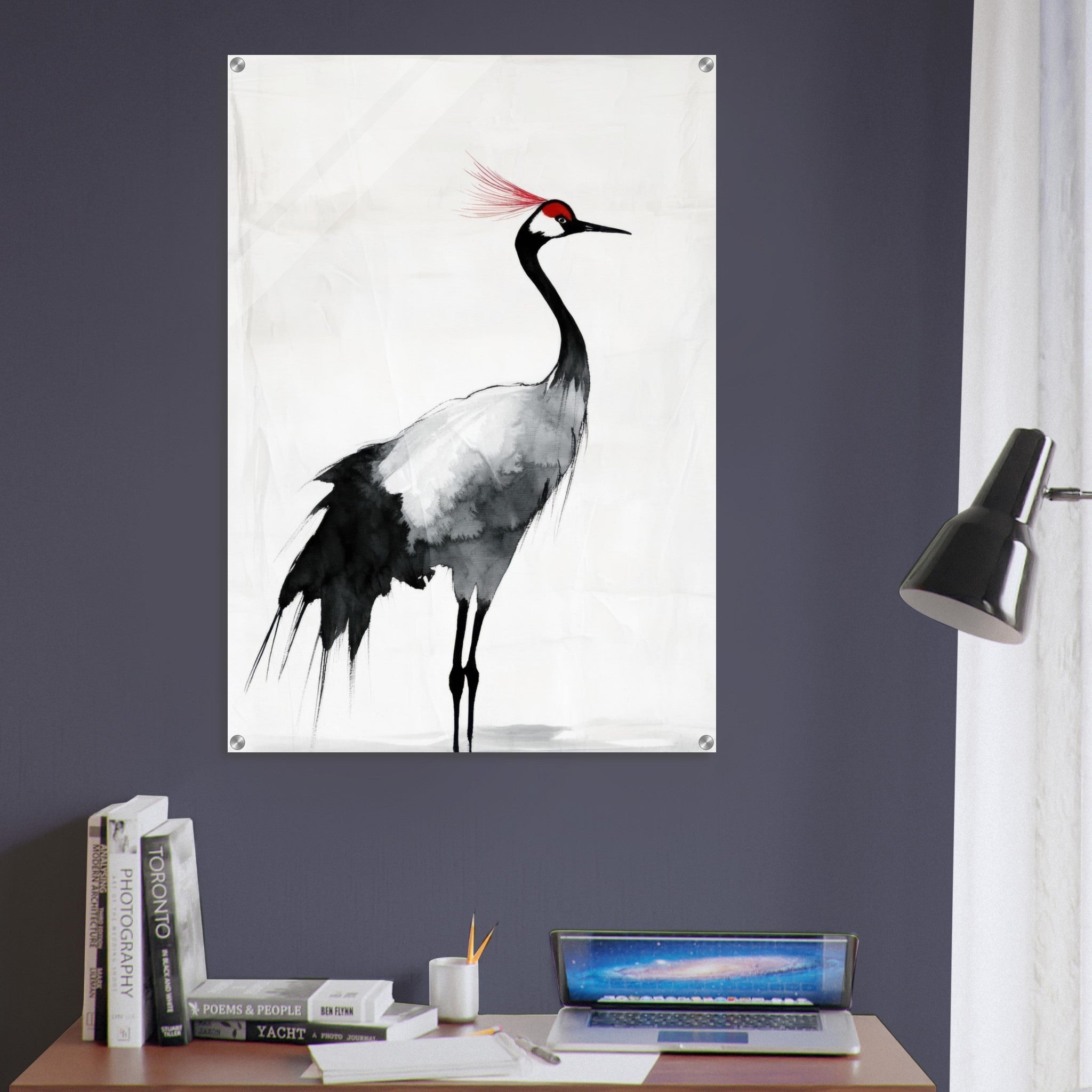 Acrylic Print Portrait - Japanese Ink Wash Painting of a Crane A graceful 2 - Shop Ai Art WebShop - Digital Art online Store