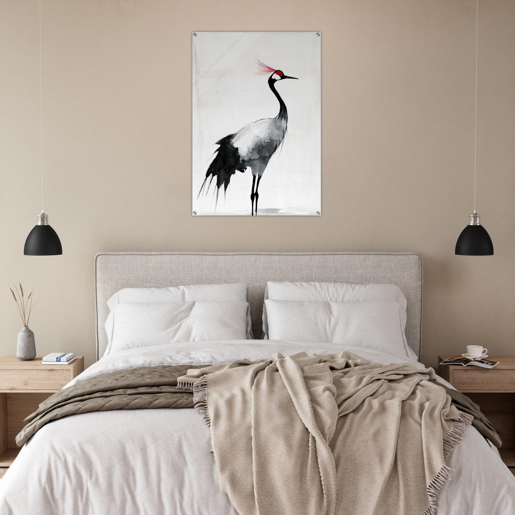 Acrylic Print Portrait - Japanese Ink Wash Painting of a Crane A graceful 2 - Shop Ai Art WebShop - Digital Art online Store