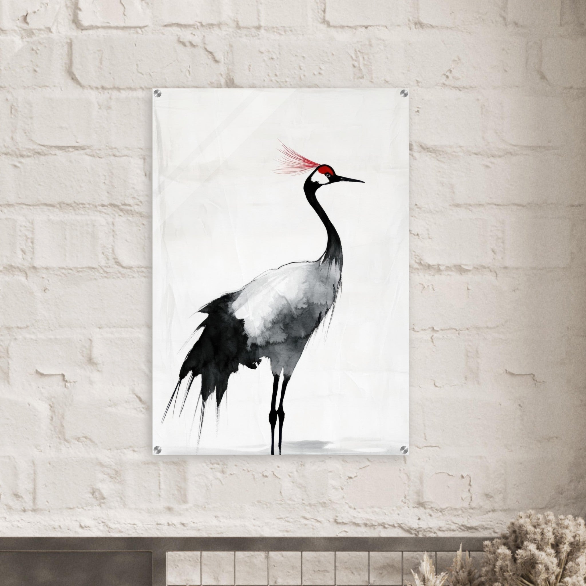 Acrylic Print Portrait - Japanese Ink Wash Painting of a Crane A graceful 2 - Shop Ai Art WebShop - Digital Art online Store