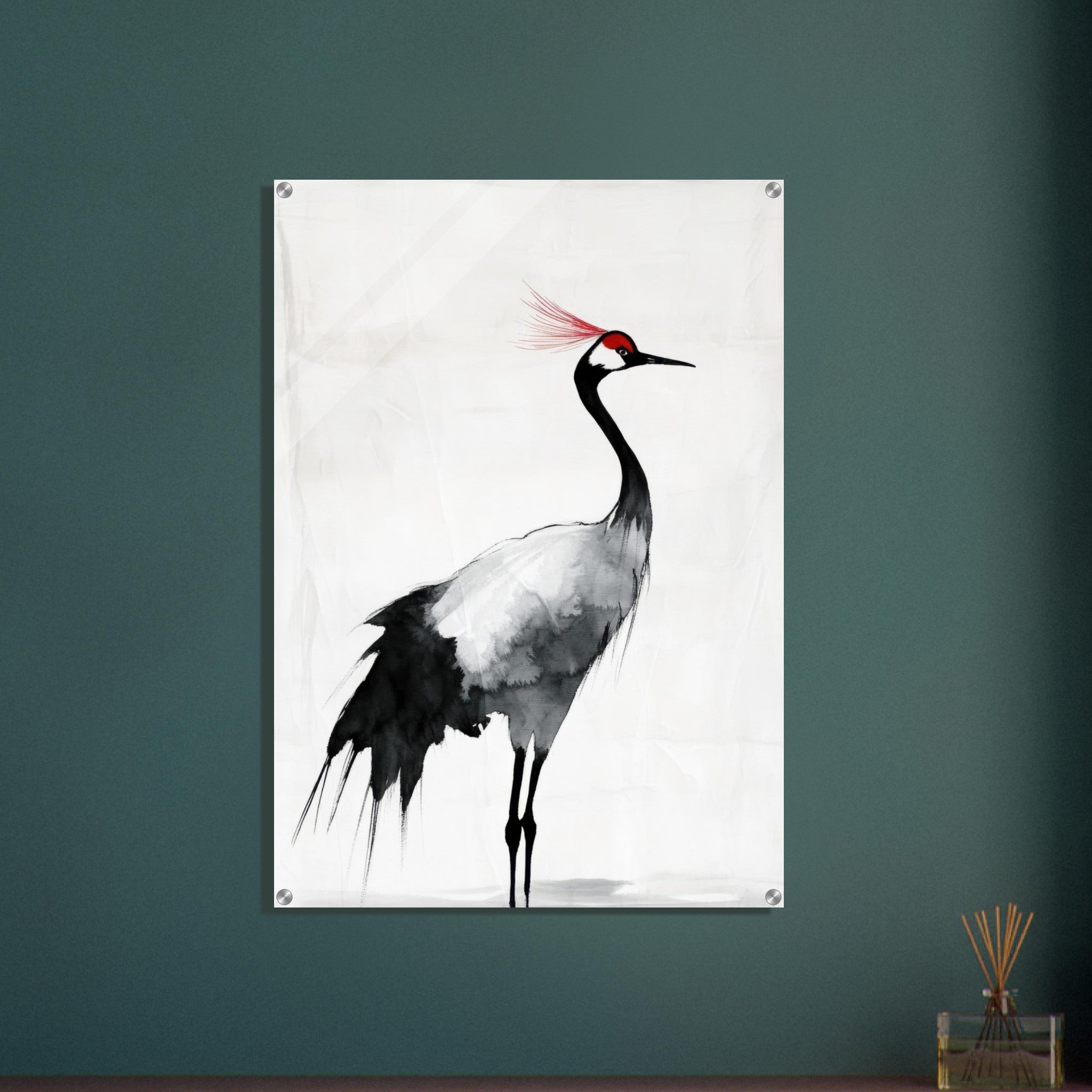 Acrylic Print Portrait - Japanese Ink Wash Painting of a Crane A graceful 2 - Shop Ai Art WebShop - Digital Art online Store