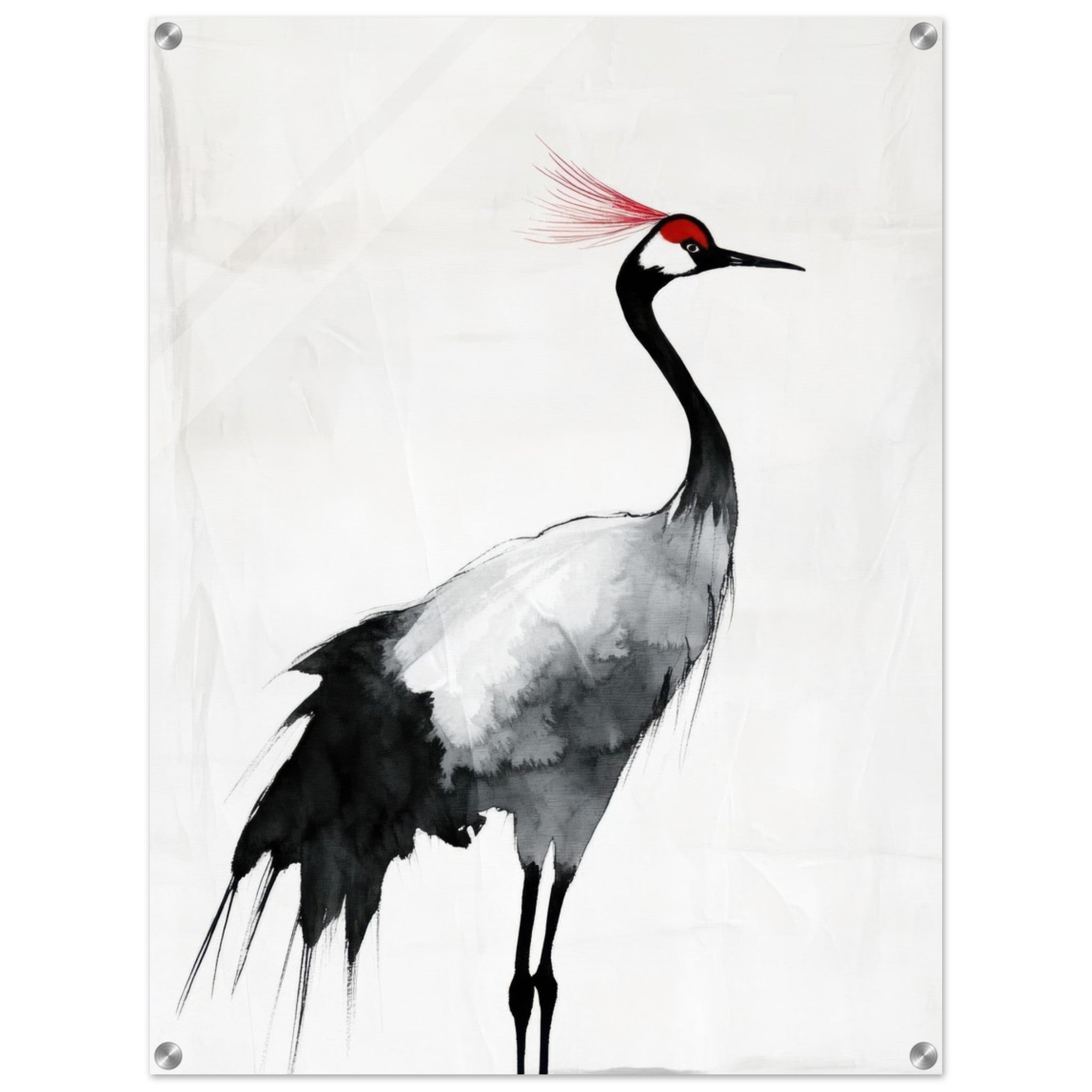 Acrylic Print Portrait - Japanese Ink Wash Painting of a Crane A graceful 2 - Shop Ai Art WebShop - Digital Art online Store