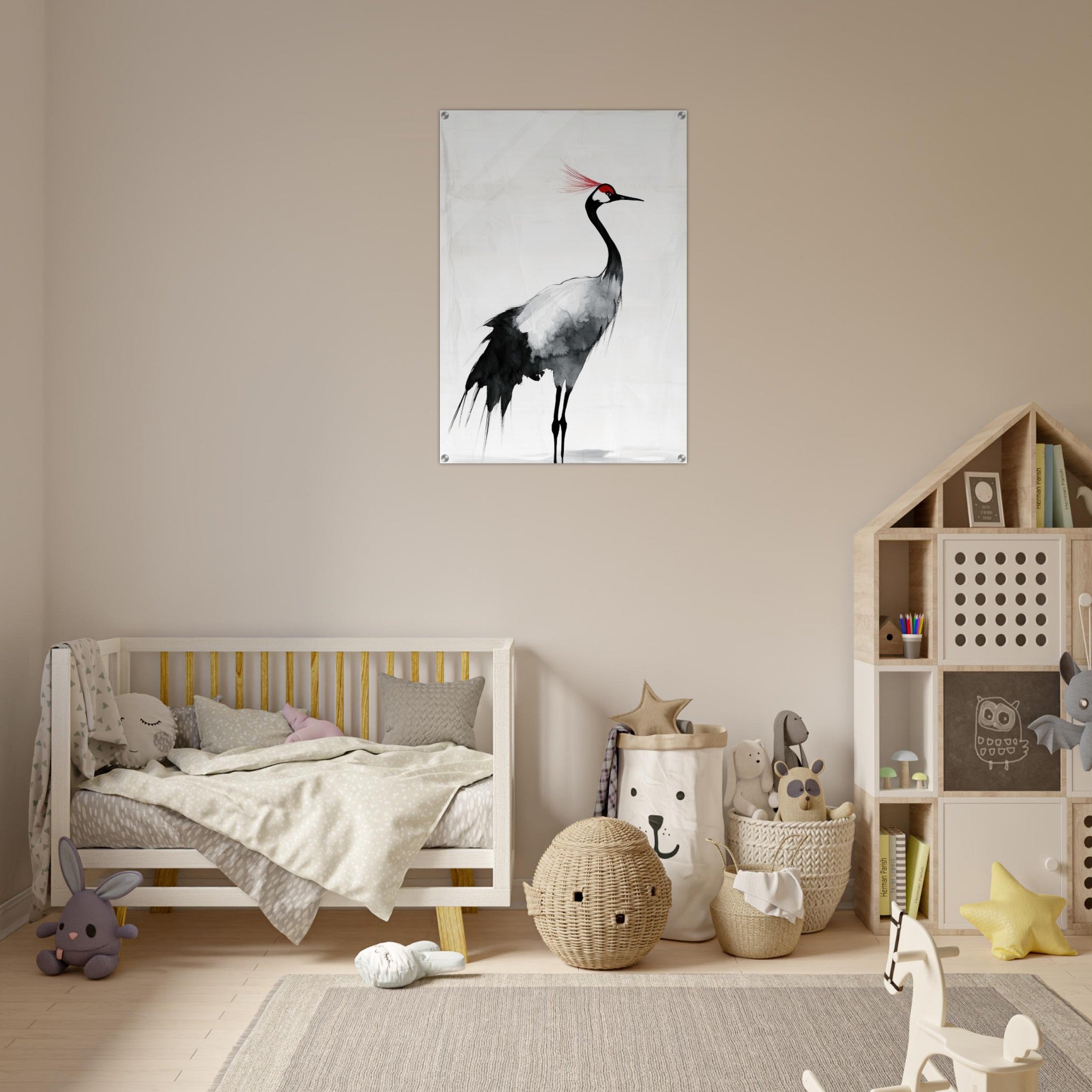 Acrylic Print Portrait - Japanese Ink Wash Painting of a Crane A graceful 2 - Shop Ai Art WebShop - Digital Art online Store
