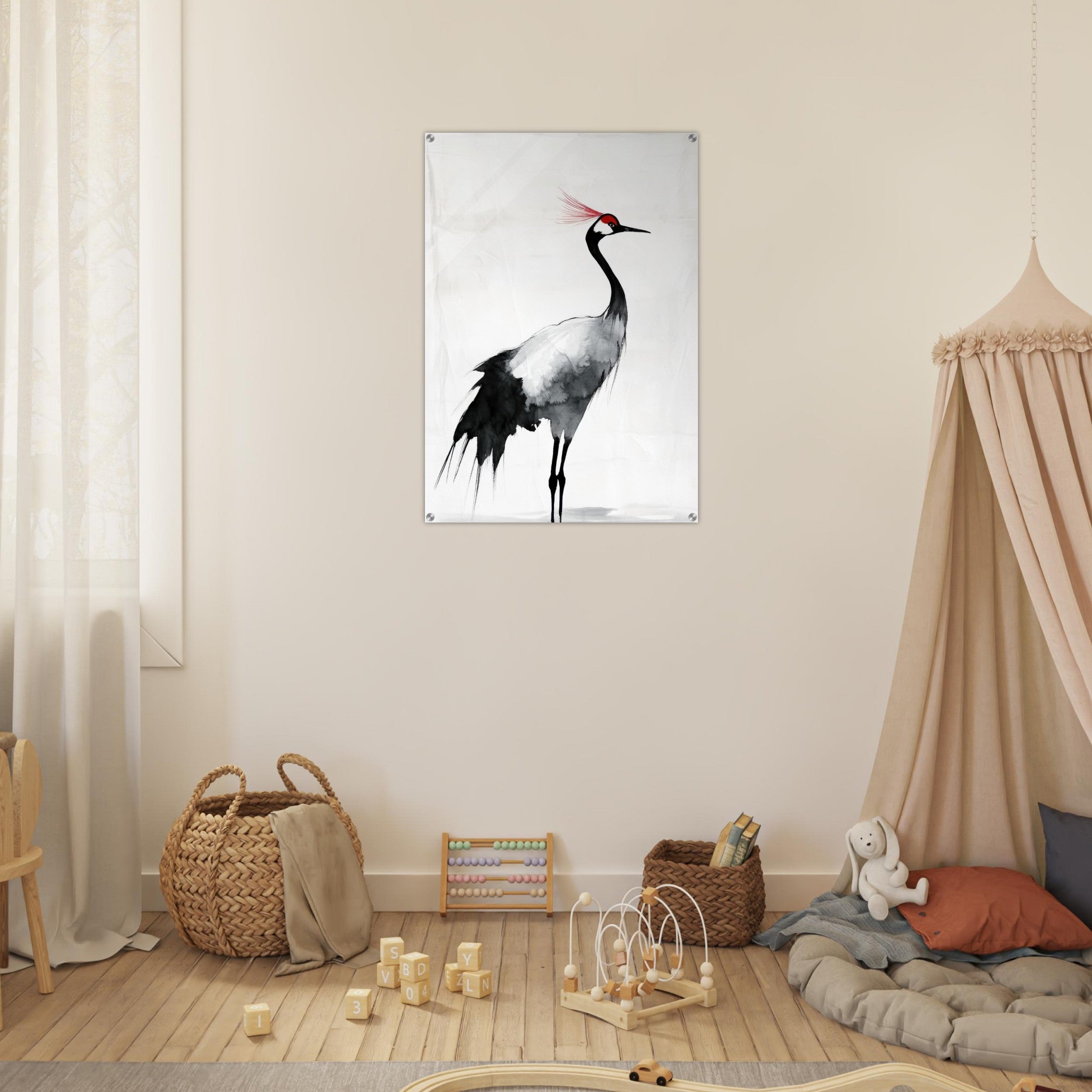 Acrylic Print Portrait - Japanese Ink Wash Painting of a Crane A graceful 2 - Shop Ai Art WebShop - Digital Art online Store