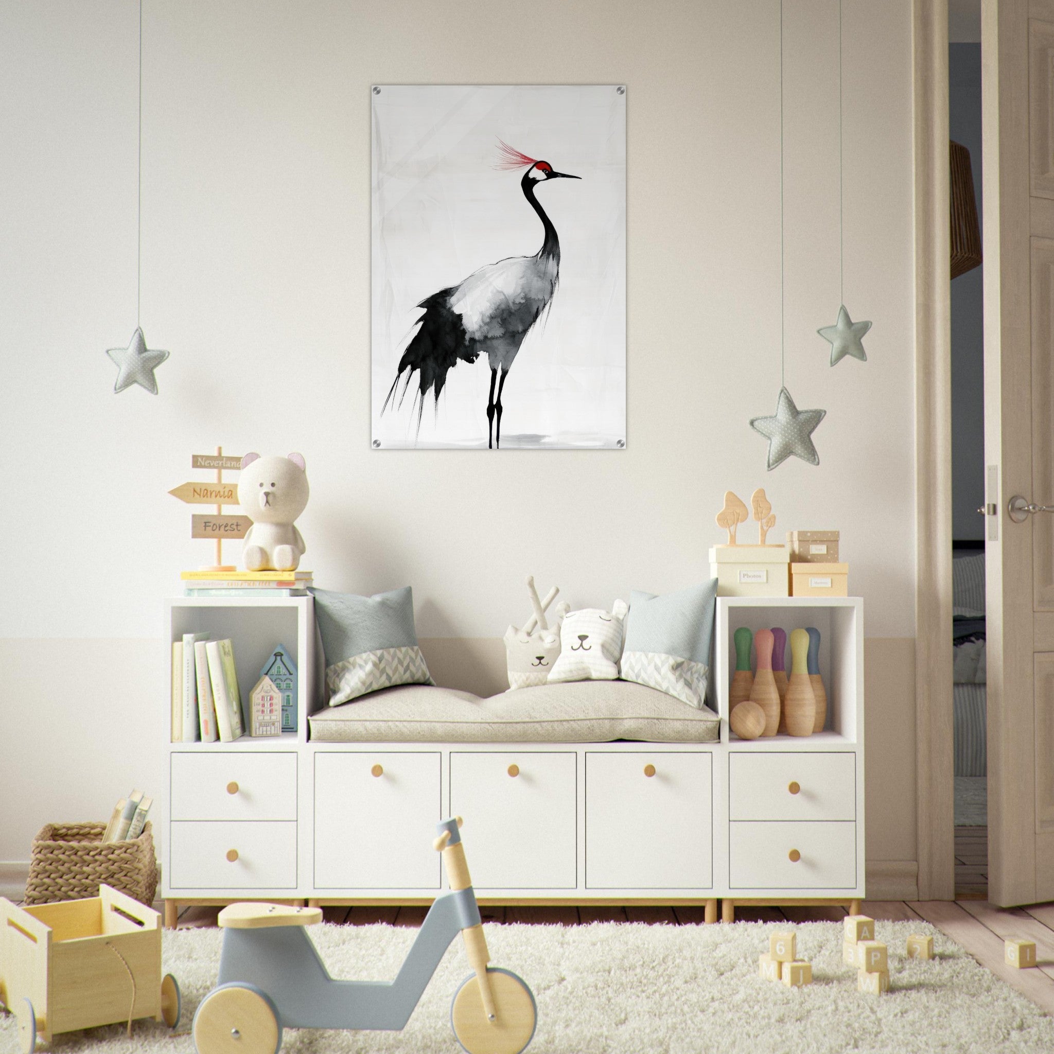 Acrylic Print Portrait - Japanese Ink Wash Painting of a Crane A graceful 2 - Shop Ai Art WebShop - Digital Art online Store