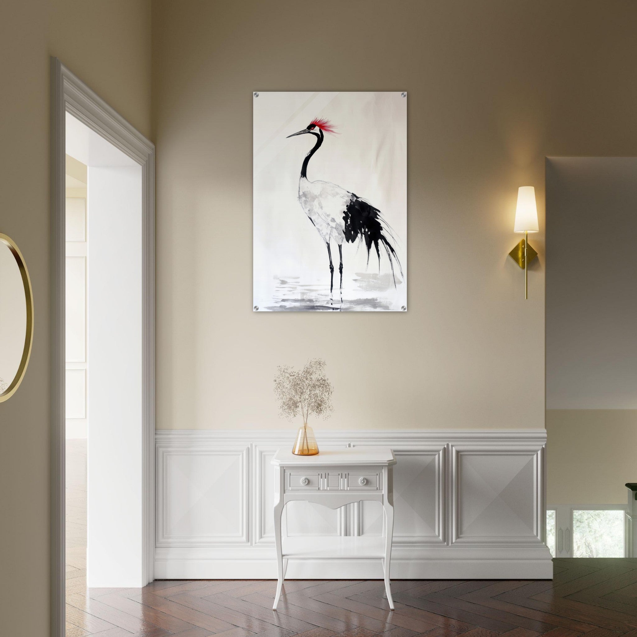 Acrylic Print Portrait - Japanese Ink Wash Painting of a Crane A graceful - Shop Ai Art WebShop - Digital Art online Store