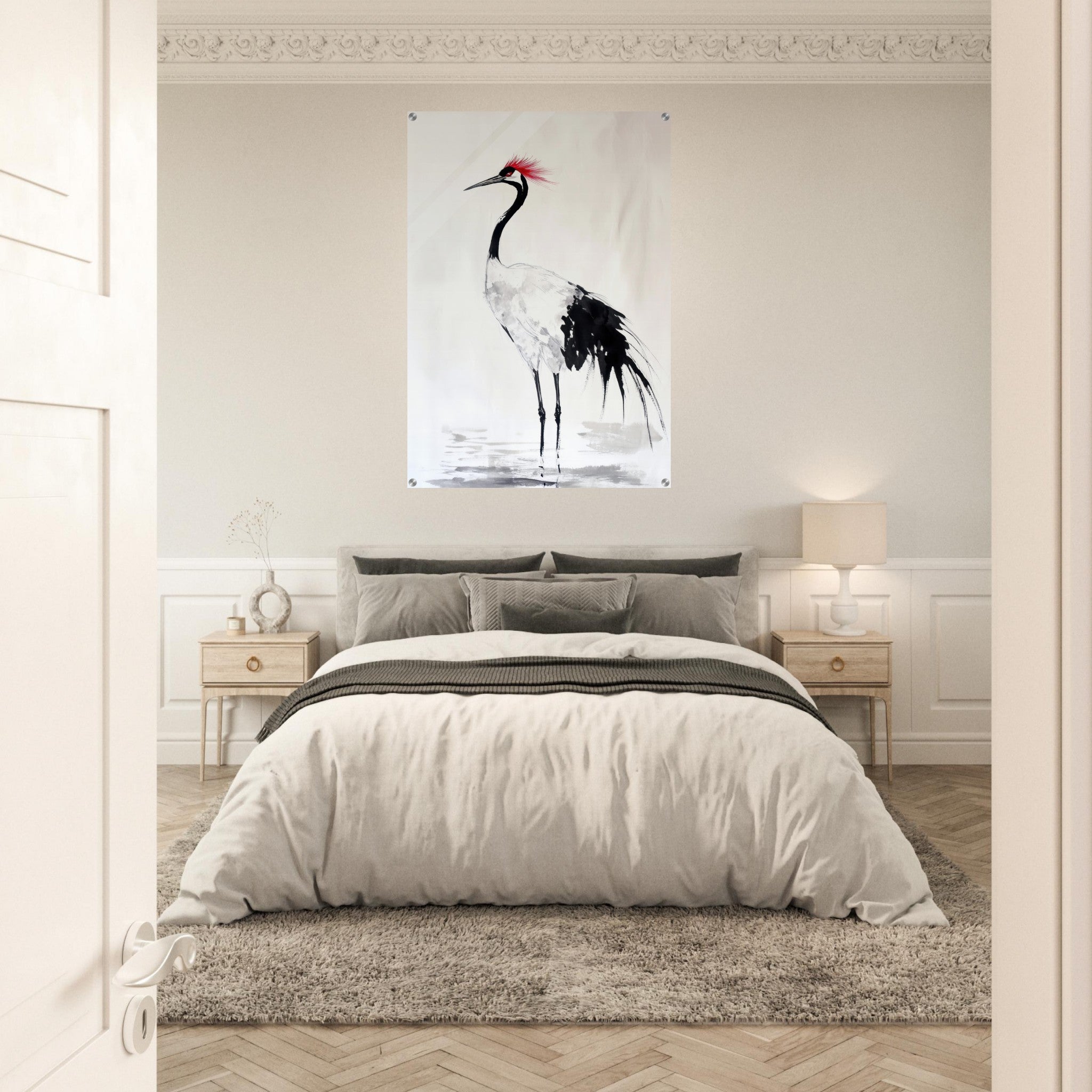 Acrylic Print Portrait - Japanese Ink Wash Painting of a Crane A graceful - Shop Ai Art WebShop - Digital Art online Store