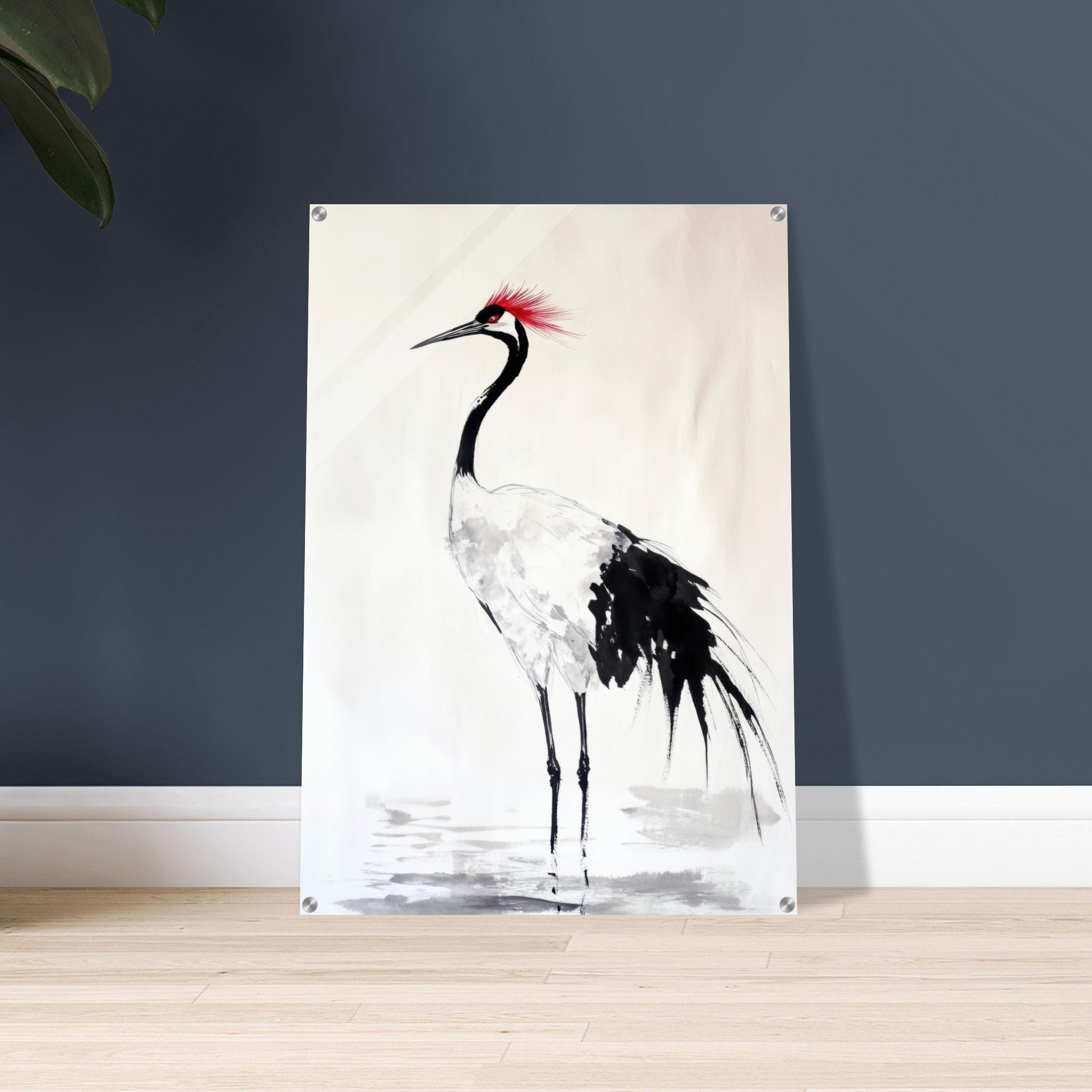 Acrylic Print Portrait - Japanese Ink Wash Painting of a Crane A graceful - Shop Ai Art WebShop - Digital Art online Store