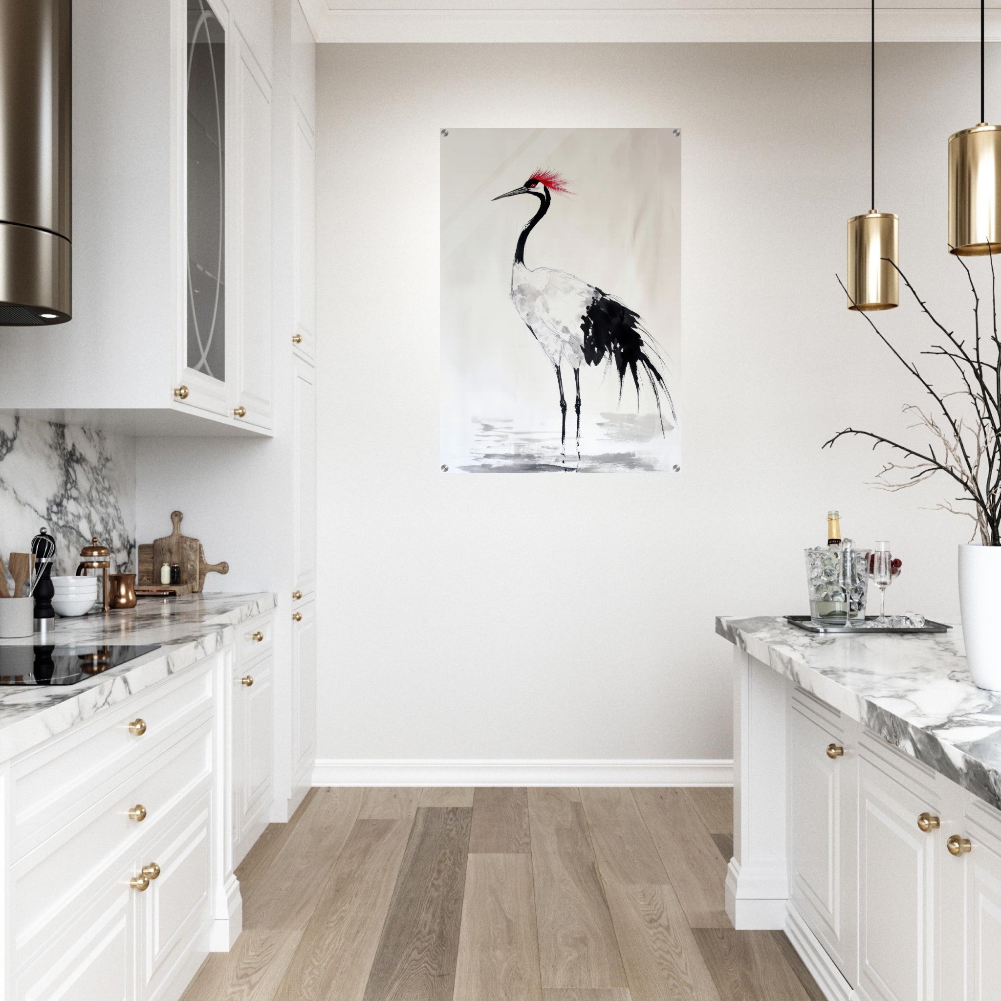 Acrylic Print Portrait - Japanese Ink Wash Painting of a Crane A graceful - Shop Ai Art WebShop - Digital Art online Store