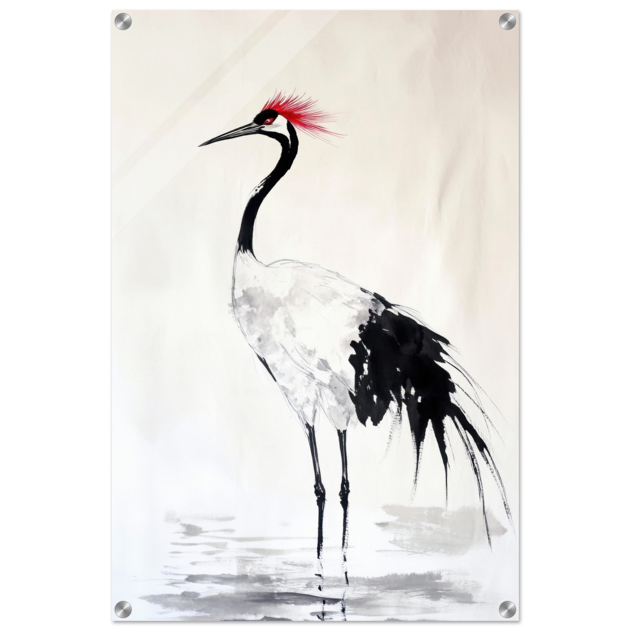 Acrylic Print Portrait - Japanese Ink Wash Painting of a Crane A graceful - Shop Ai Art WebShop - Digital Art online Store