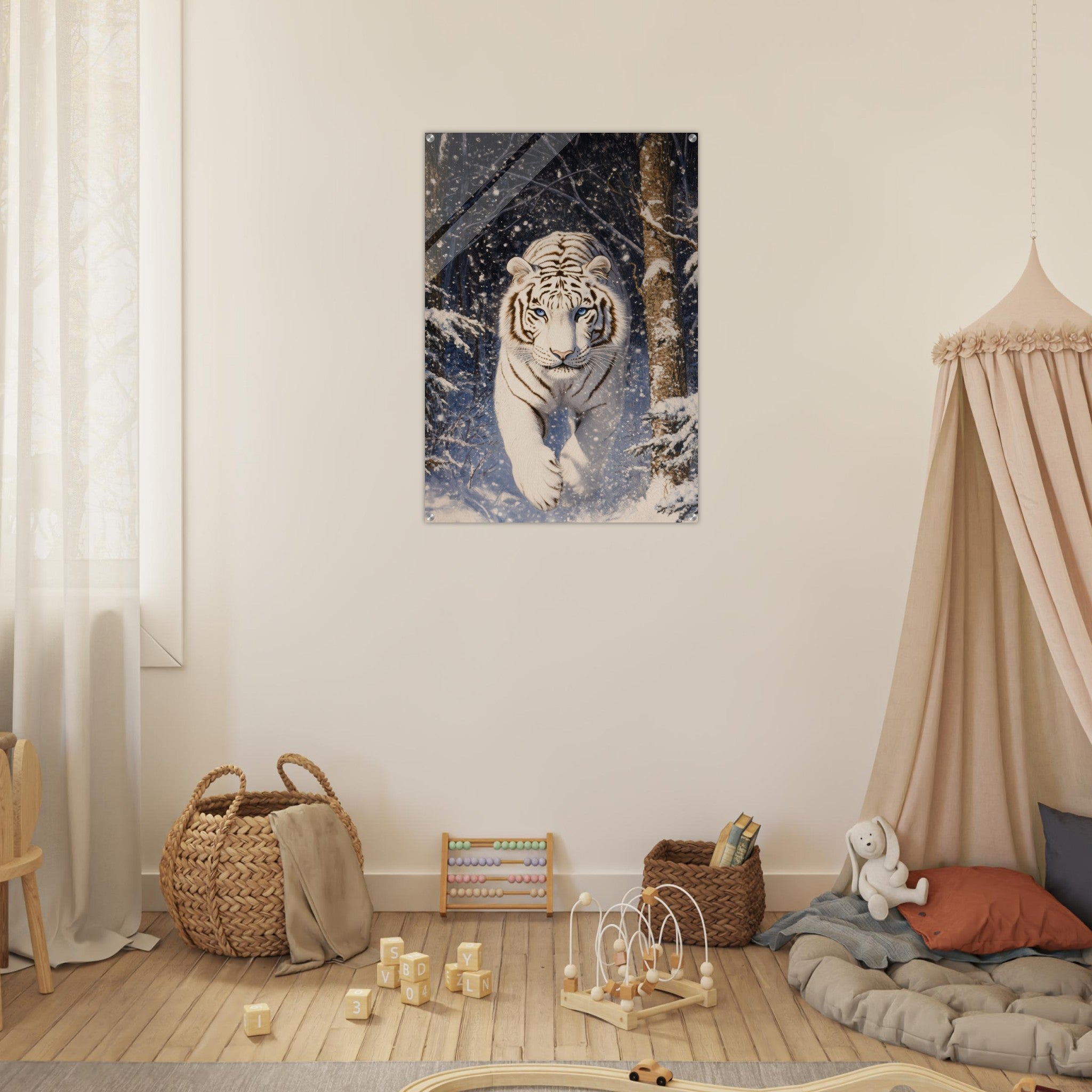 Acrylic Print Portrait - Majestic White Tiger in a Snowy Forest A powerful - Shop Ai Art WebShop - Digital Art online Store