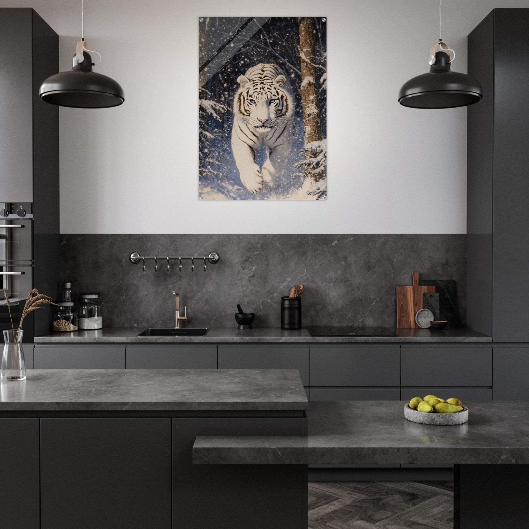 Acrylic Print Portrait - Majestic White Tiger in a Snowy Forest A powerful - Shop Ai Art WebShop - Digital Art online Store