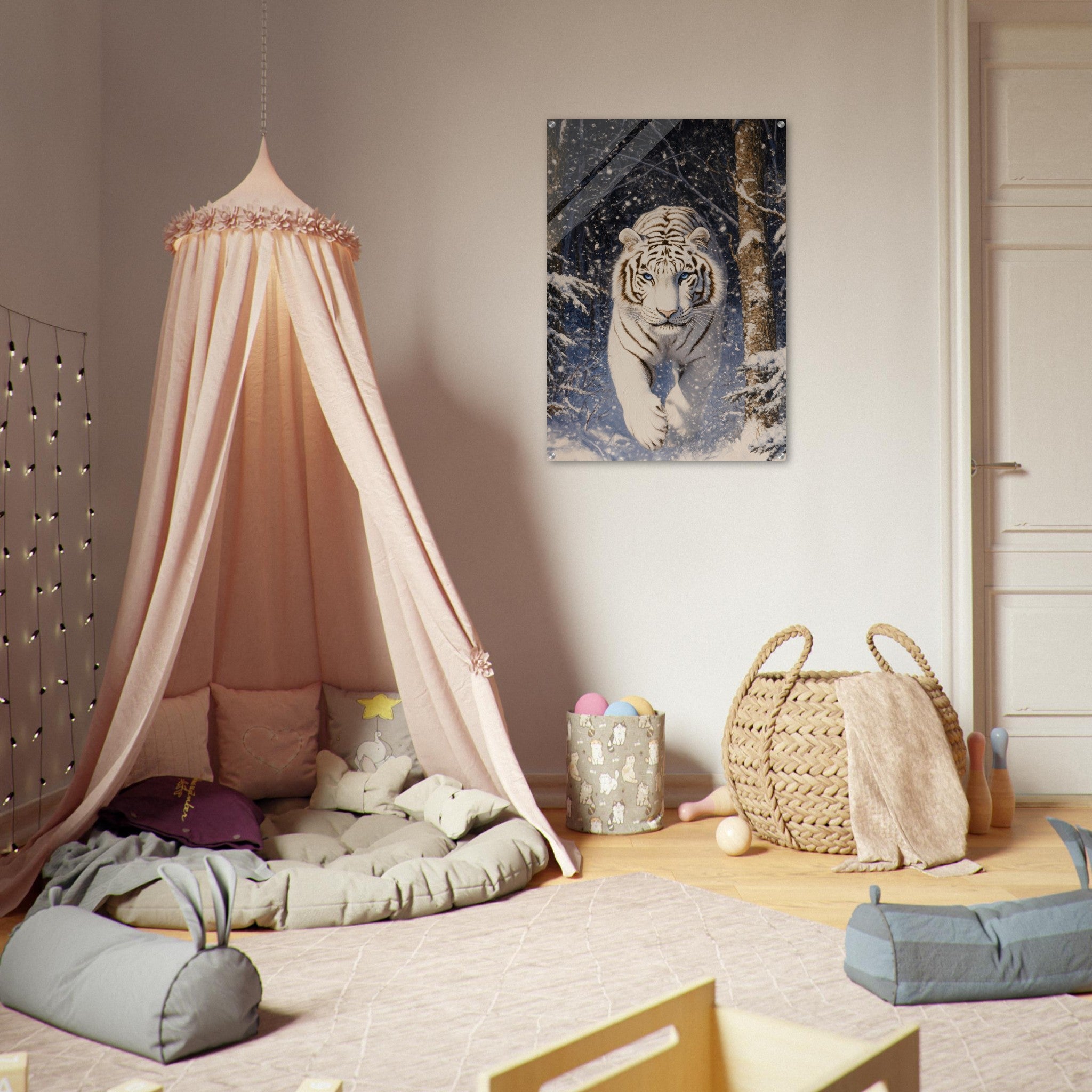 Acrylic Print Portrait - Majestic White Tiger in a Snowy Forest A powerful - Shop Ai Art WebShop - Digital Art online Store