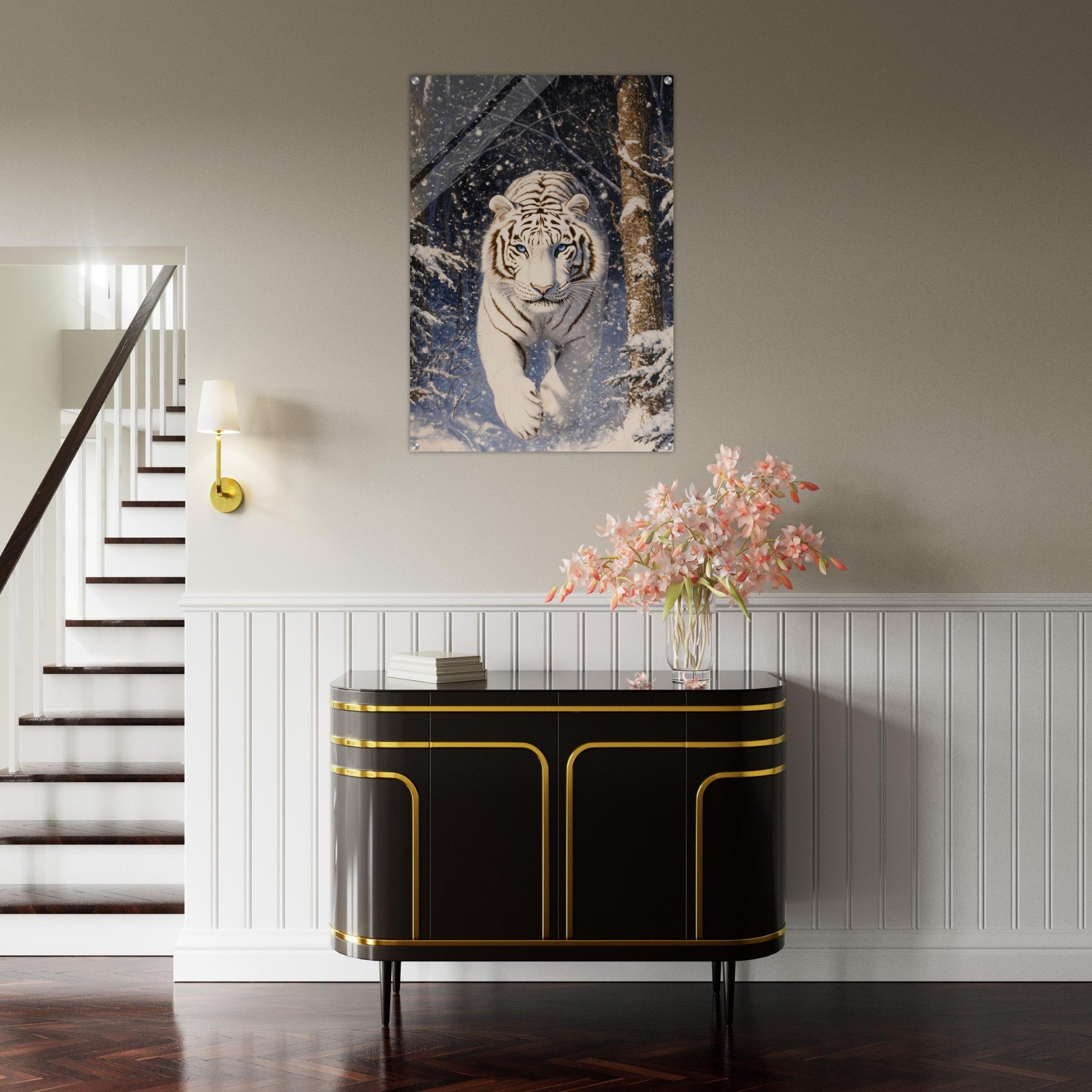 Acrylic Print Portrait - Majestic White Tiger in a Snowy Forest A powerful - Shop Ai Art WebShop - Digital Art online Store