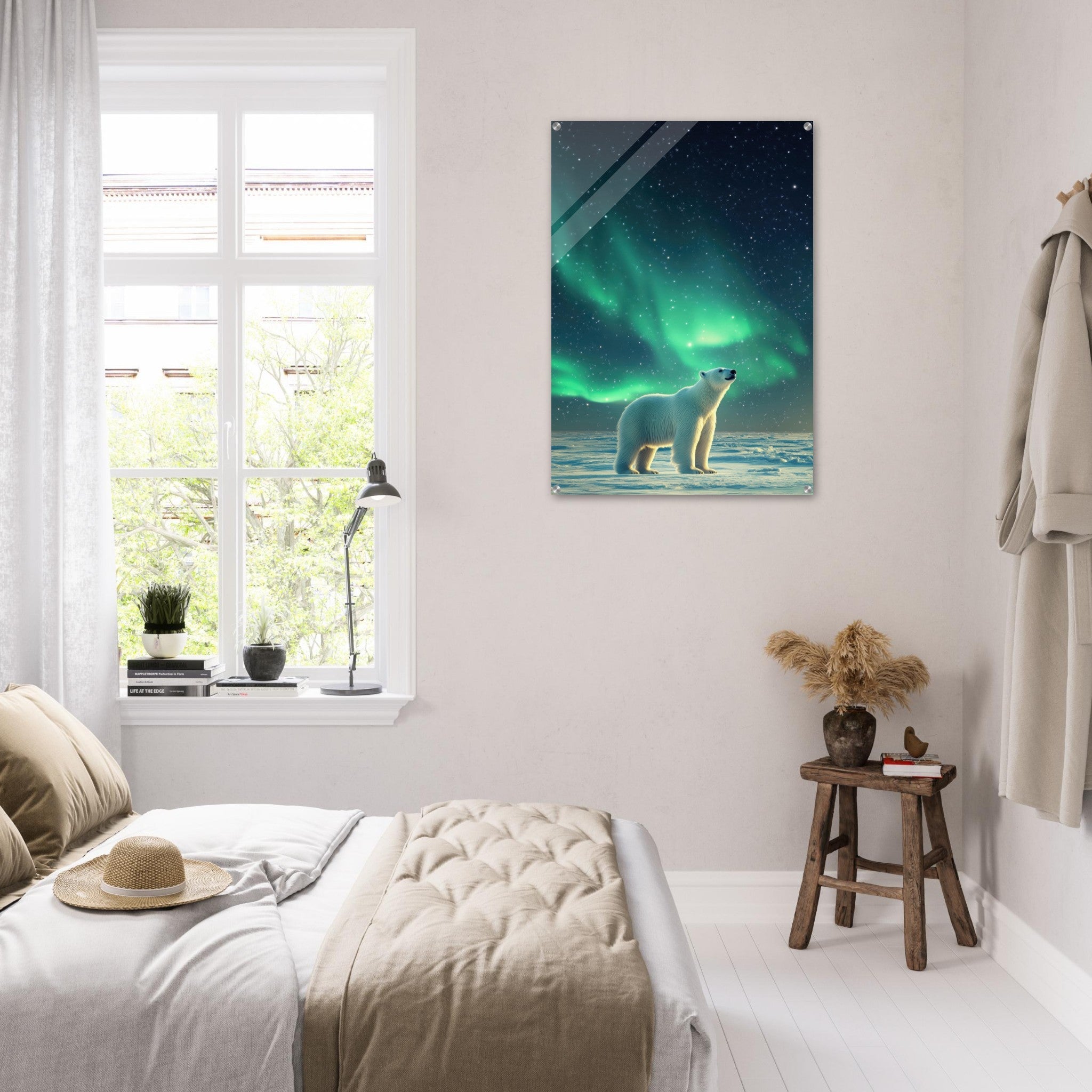 Acrylic Print Portrait - Polar Bear Under the Aurora Borealis A solitary 3 - Shop Ai Art WebShop - Digital Art online Store