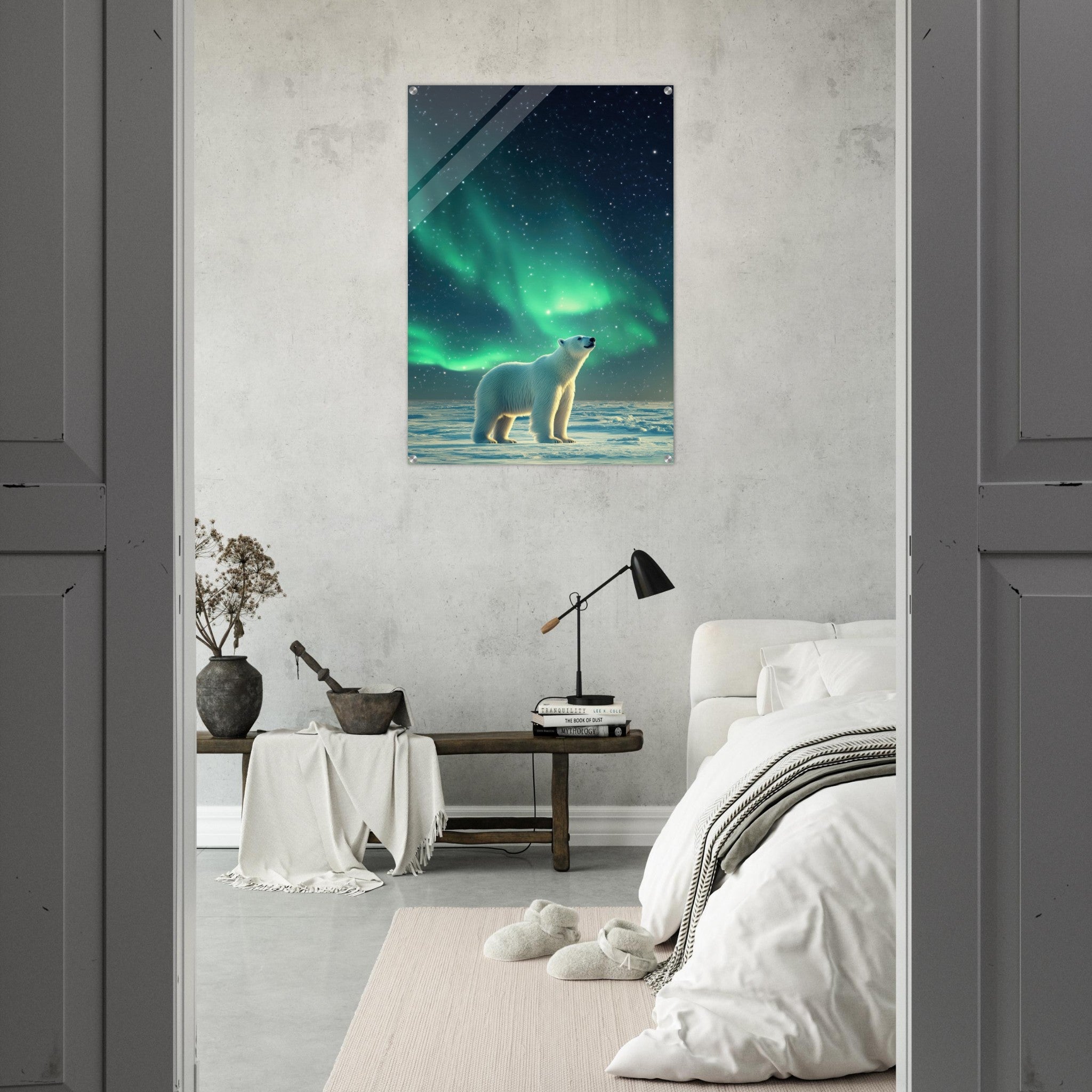 Acrylic Print Portrait - Polar Bear Under the Aurora Borealis A solitary 3 - Shop Ai Art WebShop - Digital Art online Store