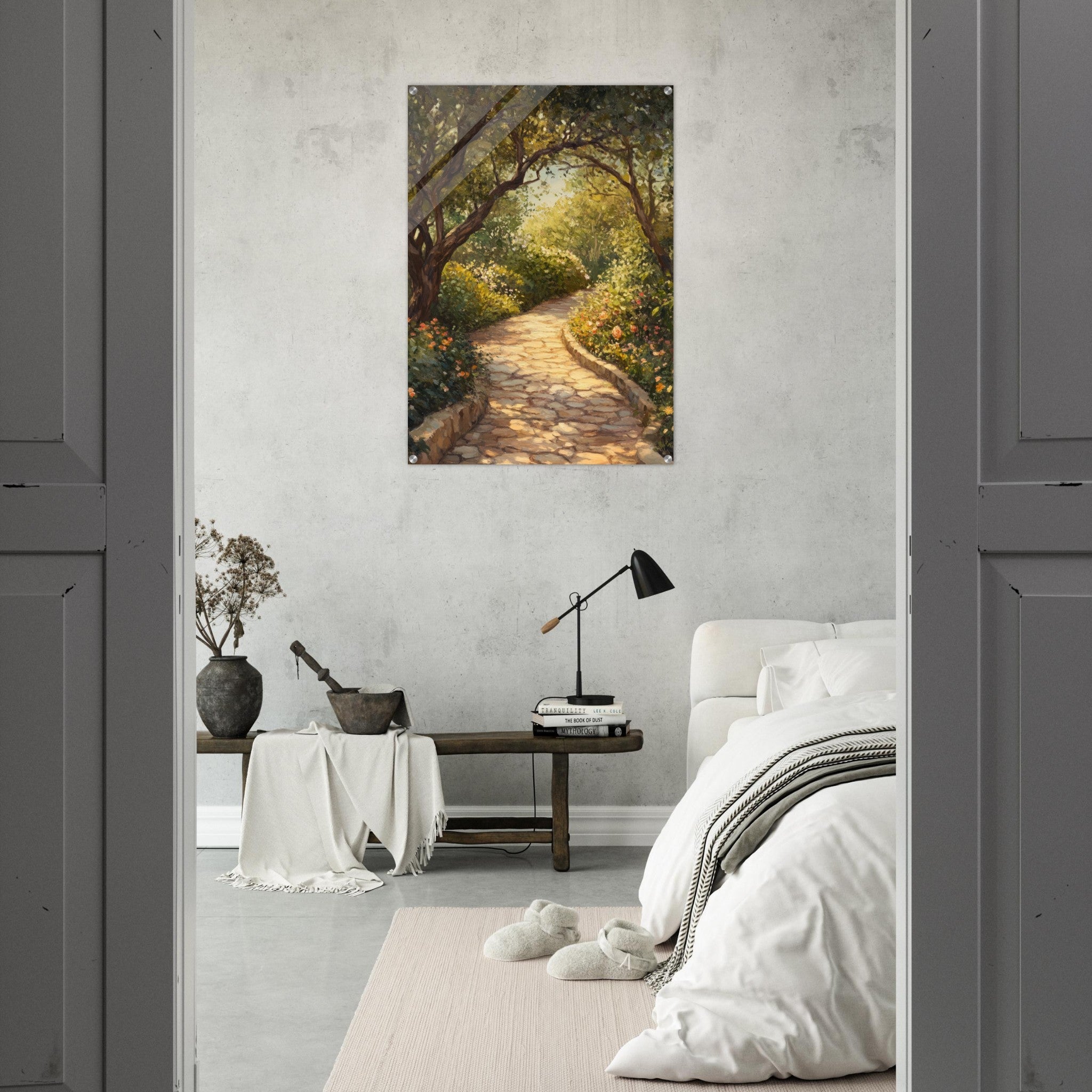 Acrylic Print Portrait - Sunlit Garden Path A meandering pathway through - Shop Ai Art WebShop - Digital Art online Store