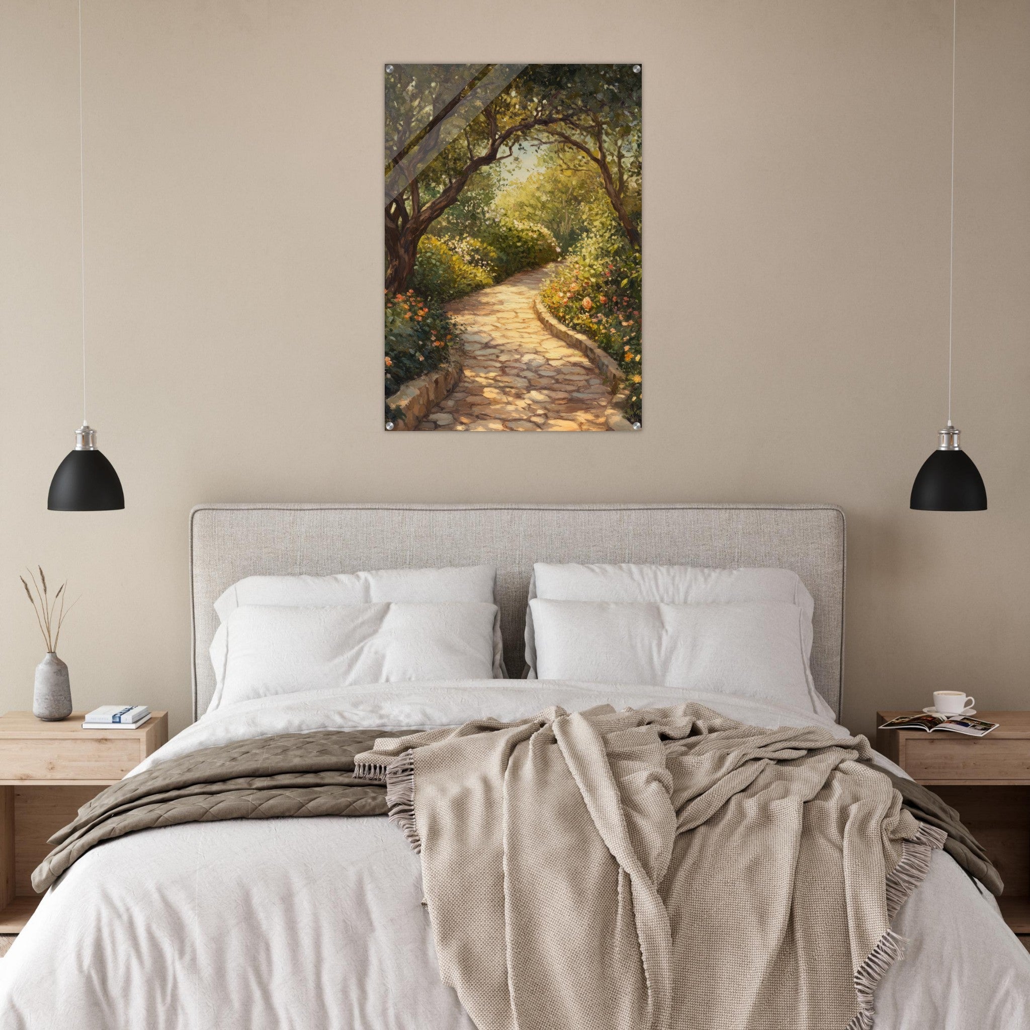 Acrylic Print Portrait - Sunlit Garden Path A meandering pathway through - Shop Ai Art WebShop - Digital Art online Store