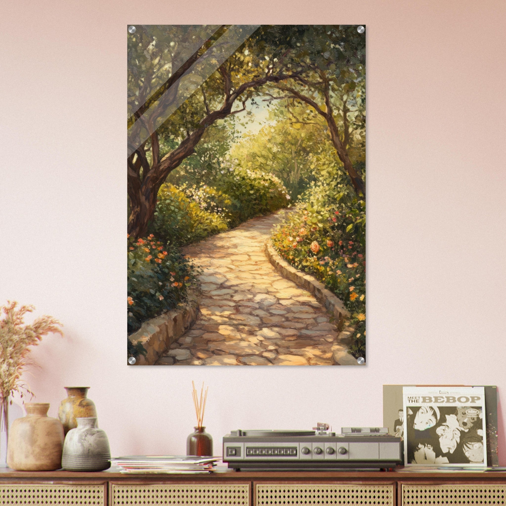 Acrylic Print Portrait - Sunlit Garden Path A meandering pathway through - Shop Ai Art WebShop - Digital Art online Store