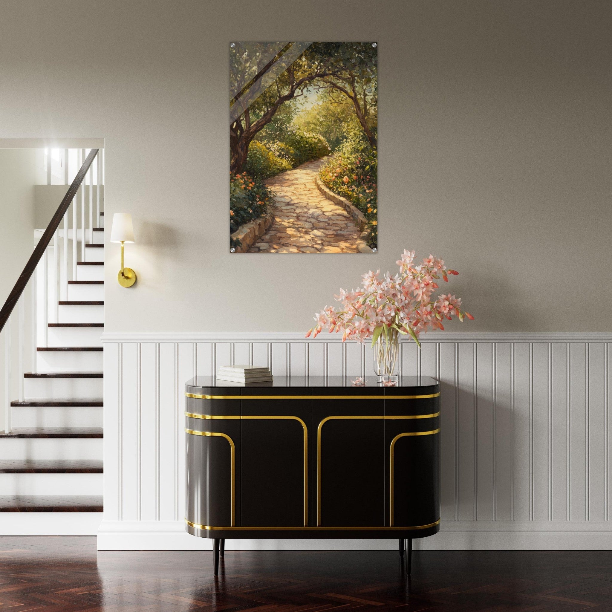 Acrylic Print Portrait - Sunlit Garden Path A meandering pathway through - Shop Ai Art WebShop - Digital Art online Store