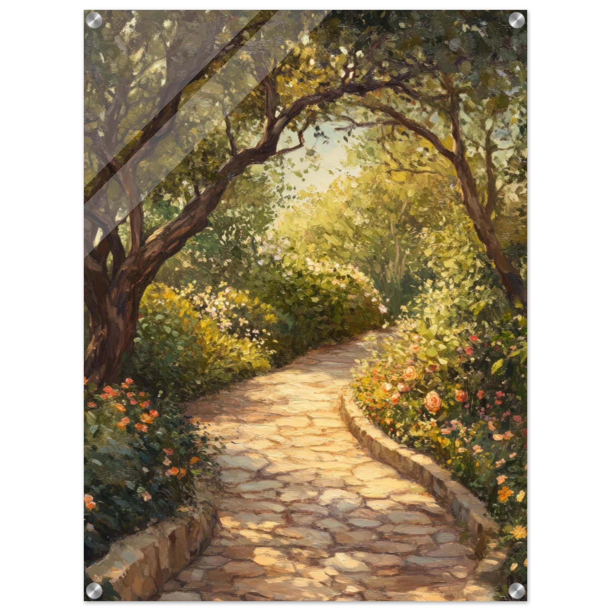 Acrylic Print Portrait - Sunlit Garden Path A meandering pathway through - Shop Ai Art WebShop - Digital Art online Store