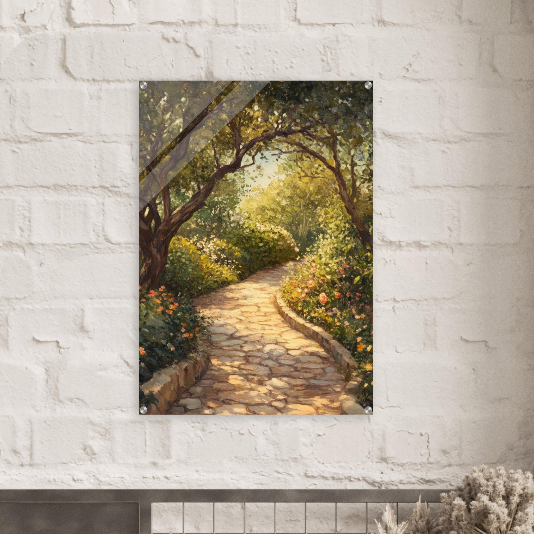 Acrylic Print Portrait - Sunlit Garden Path A meandering pathway through - Shop Ai Art WebShop - Digital Art online Store