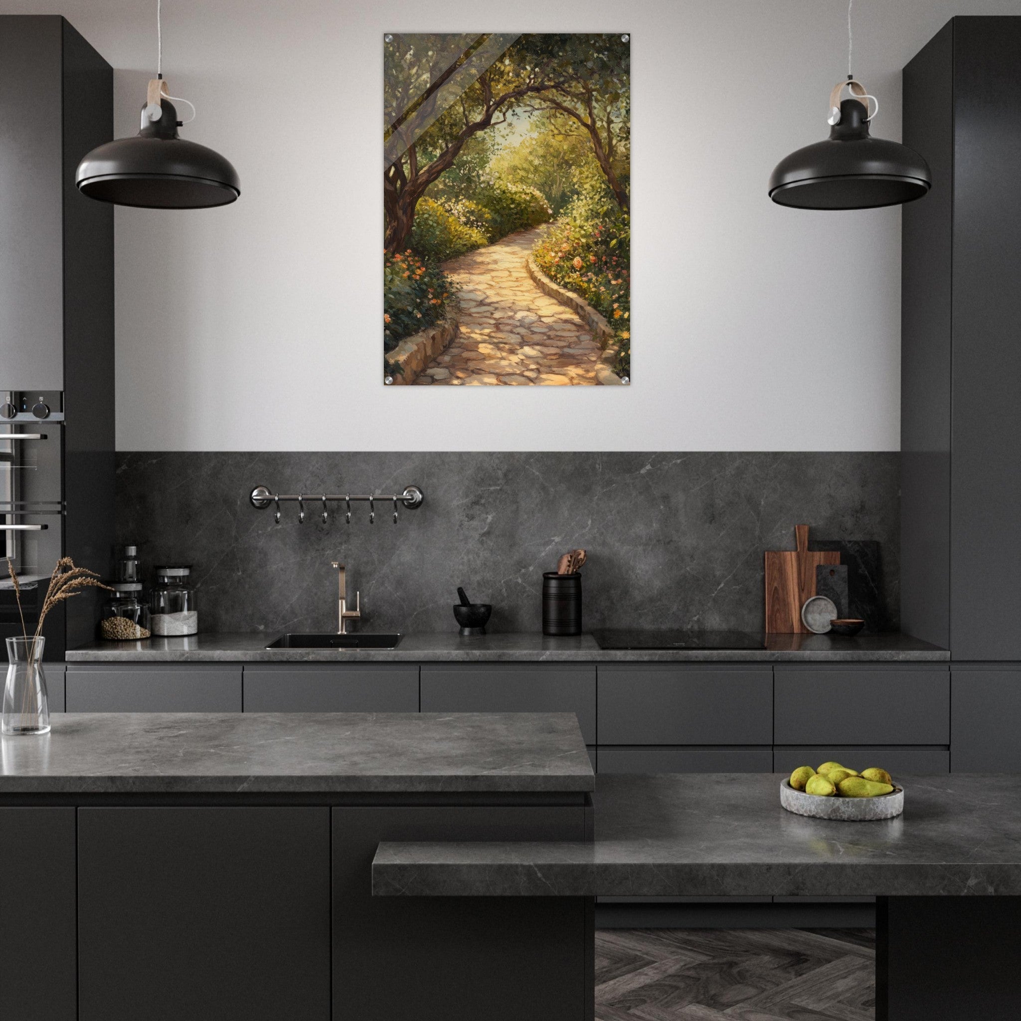 Acrylic Print Portrait - Sunlit Garden Path A meandering pathway through - Shop Ai Art WebShop - Digital Art online Store