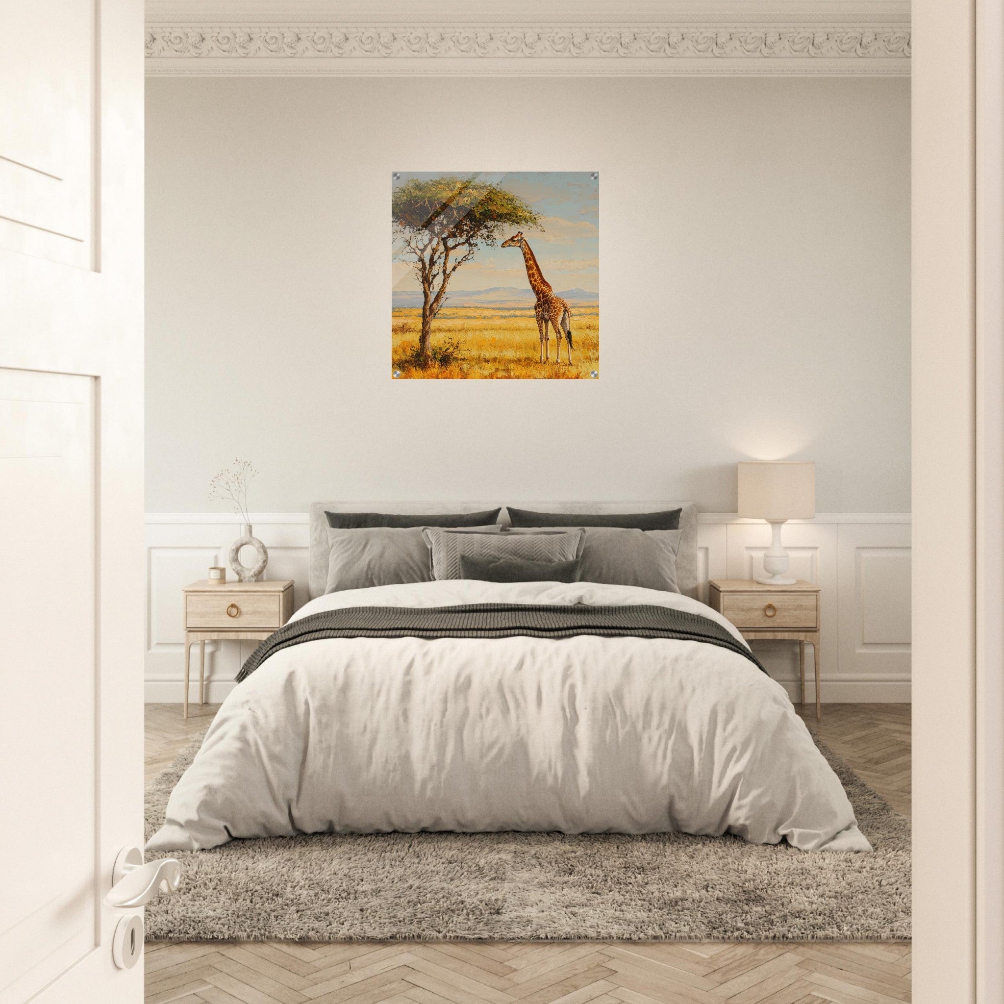 Acrylic Print Square - Giraffe Grazing in the Savannah - Shop Ai Art WebShop - Digital Art online Store