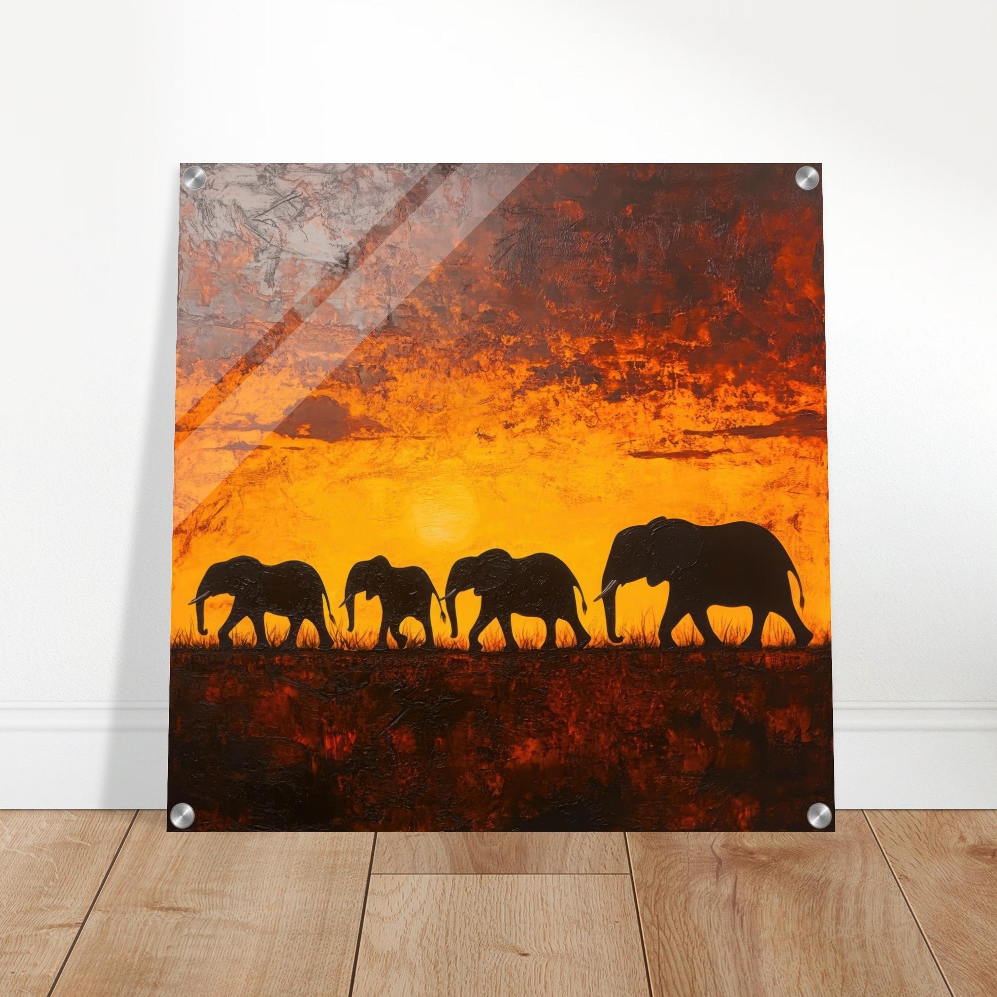 Acrylic Print Square - Herd of Elephants at Sunset 1 - Shop Ai Art WebShop - Digital Art online Store