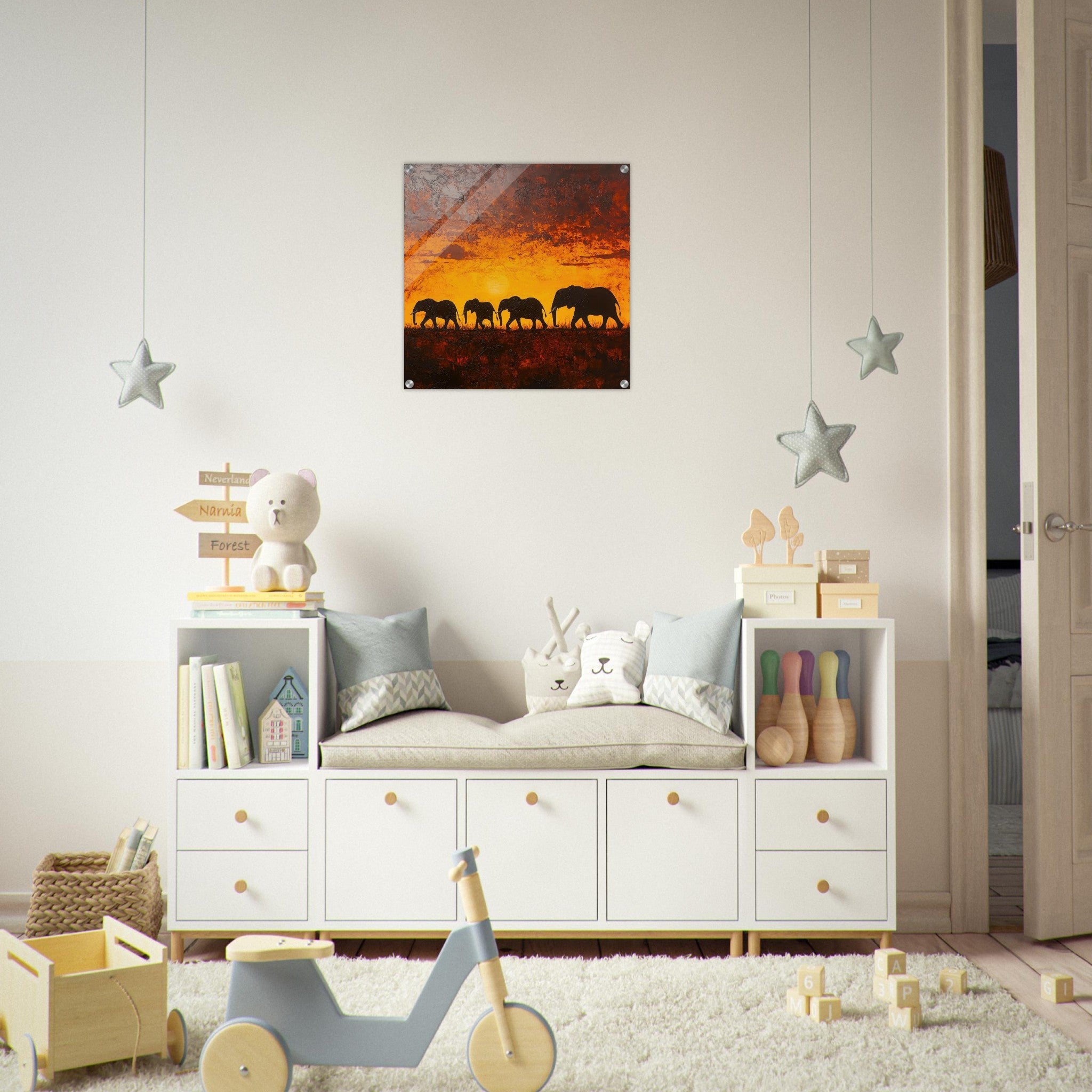 Acrylic Print Square - Herd of Elephants at Sunset 1 - Shop Ai Art WebShop - Digital Art online Store