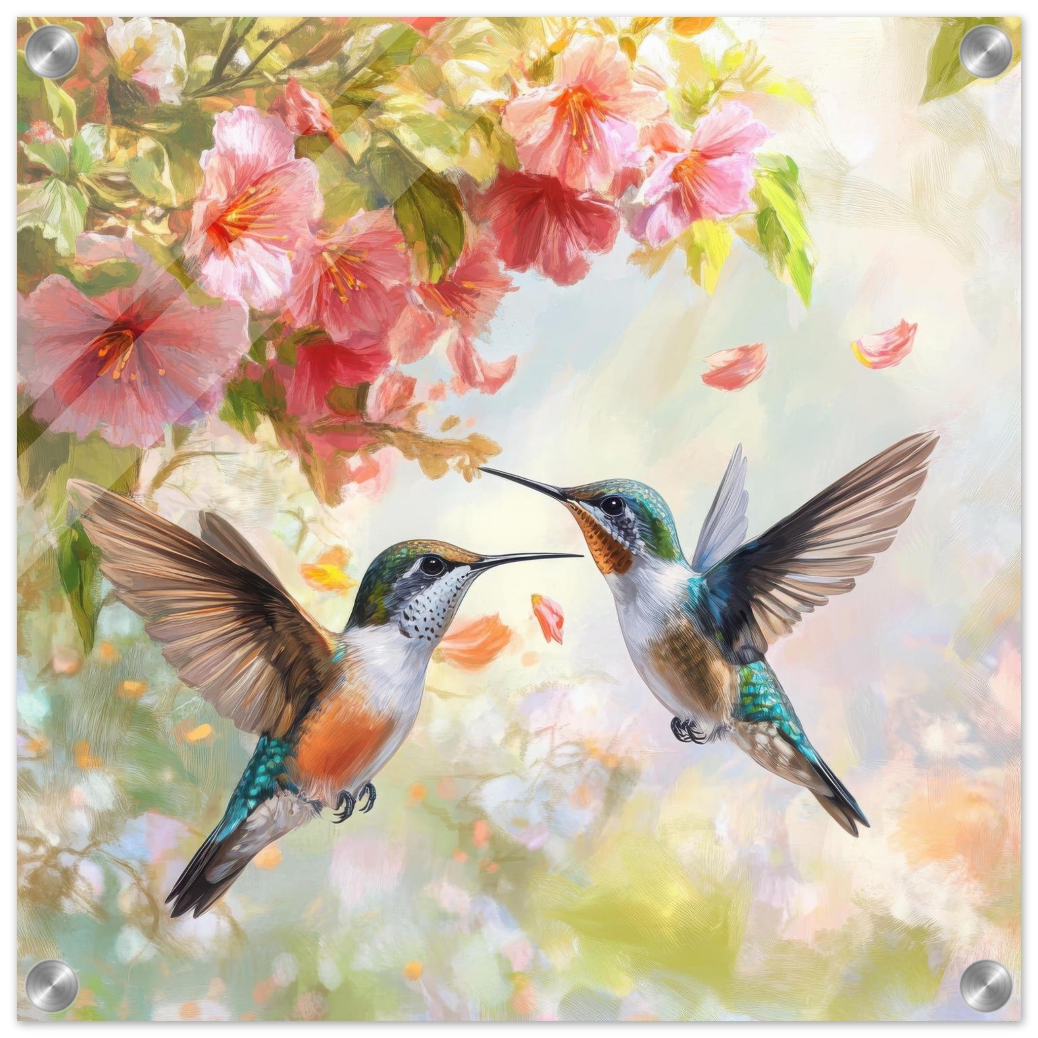 Acrylic Print Square - Hummingbirds Feeding on Flowers 1 - Shop Ai Art WebShop - Digital Art online Store