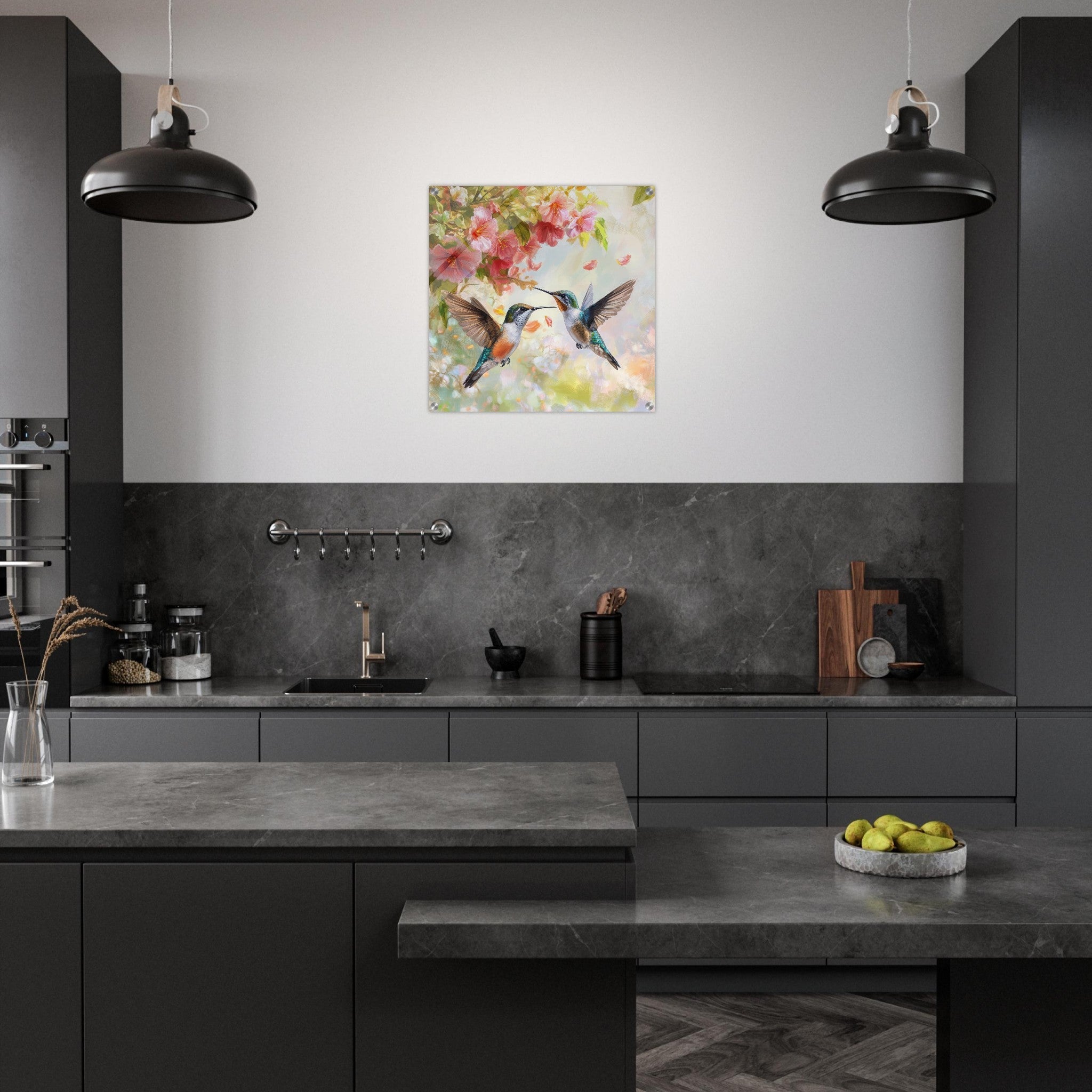 Acrylic Print Square - Hummingbirds Feeding on Flowers 1 - Shop Ai Art WebShop - Digital Art online Store