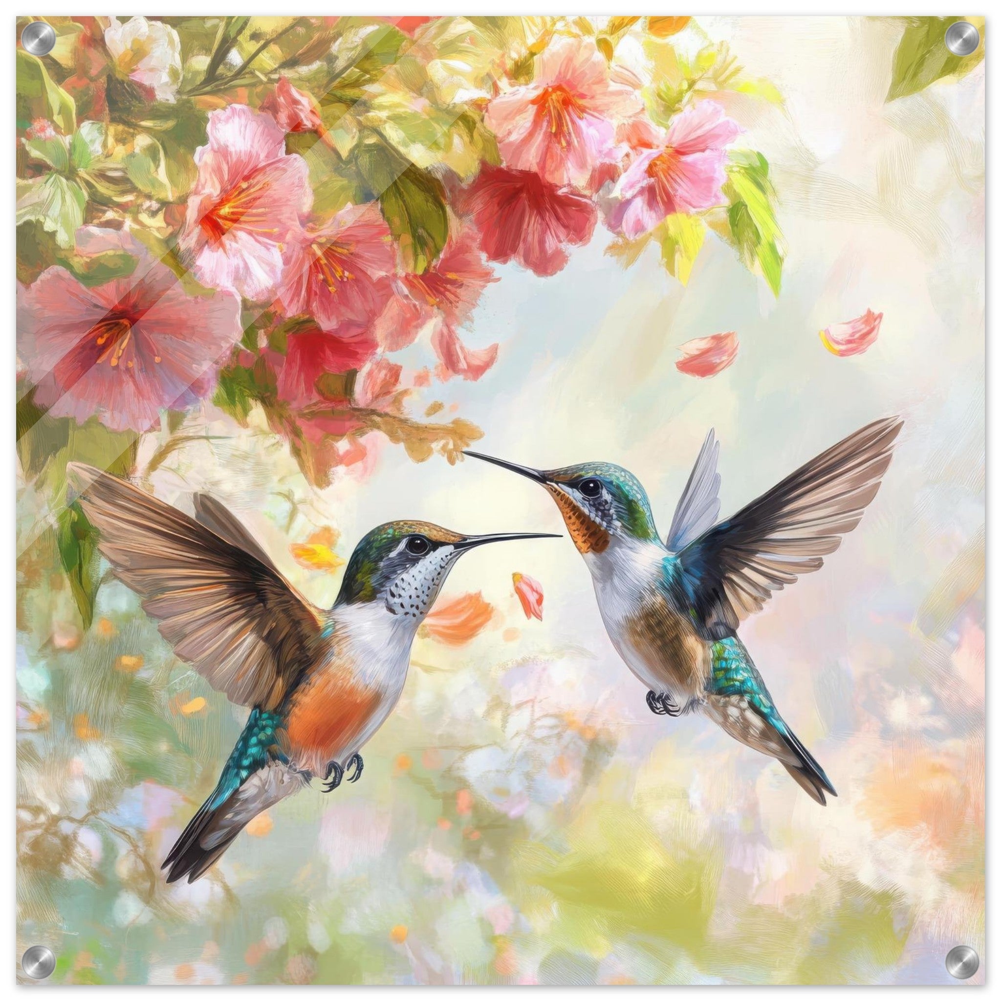 Acrylic Print Square - Hummingbirds Feeding on Flowers 1 - Shop Ai Art WebShop - Digital Art online Store