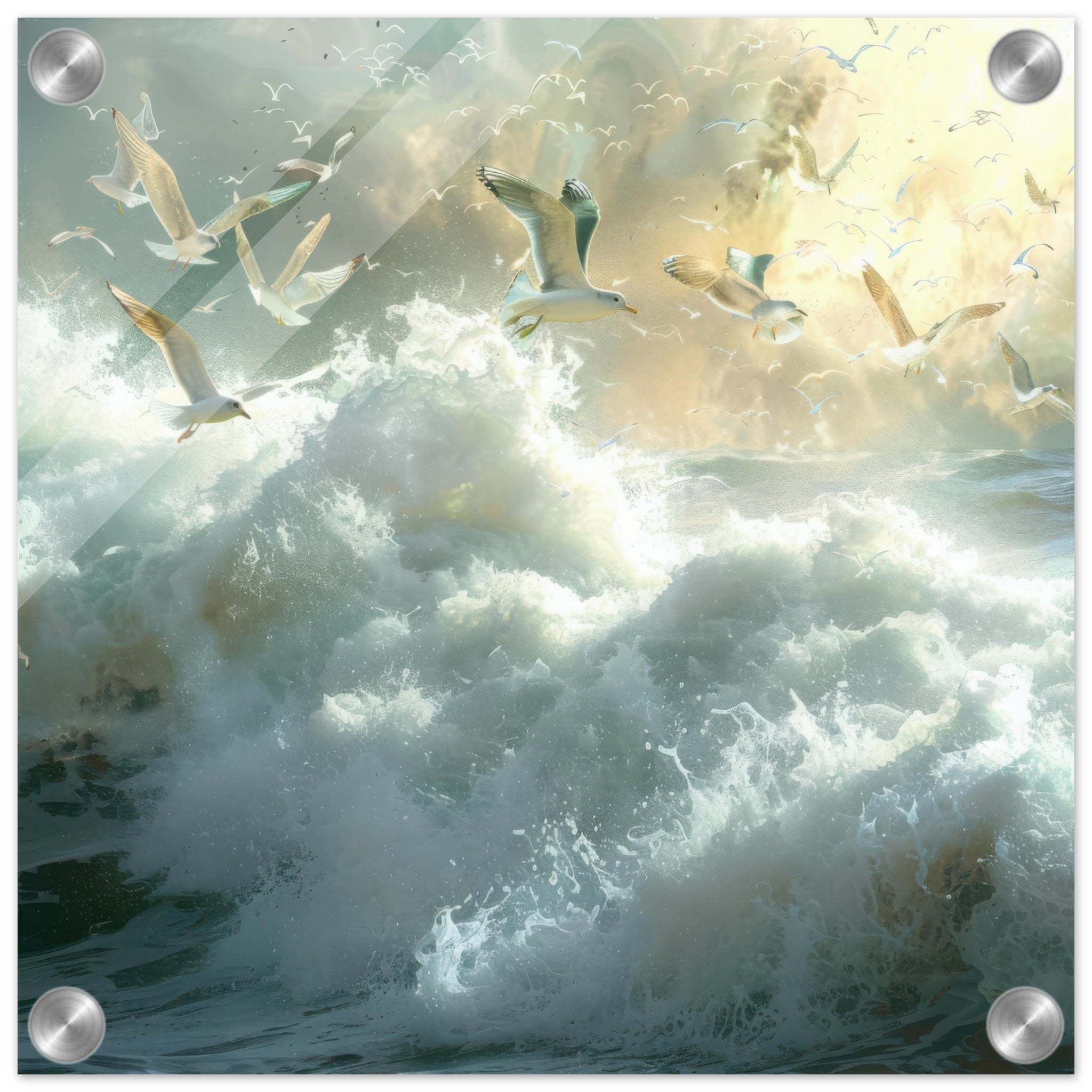 Acrylic Print Square - Impressionism beautiful seawaves with seagels flying around 2 - Shop Ai Art WebShop - Digital Art online Store