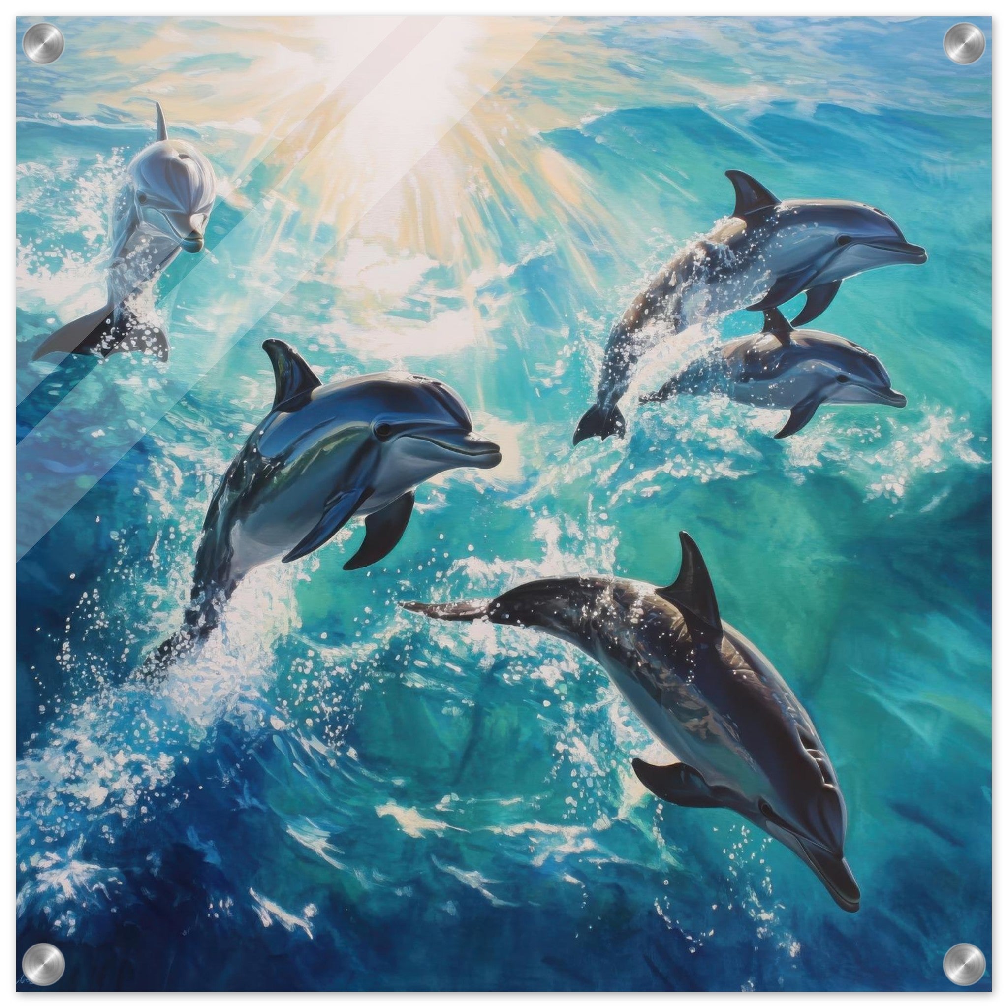 Acrylic Print Square - Playful Dolphins in Crystal Clear Waters - Shop Ai Art WebShop - Digital Art online Store
