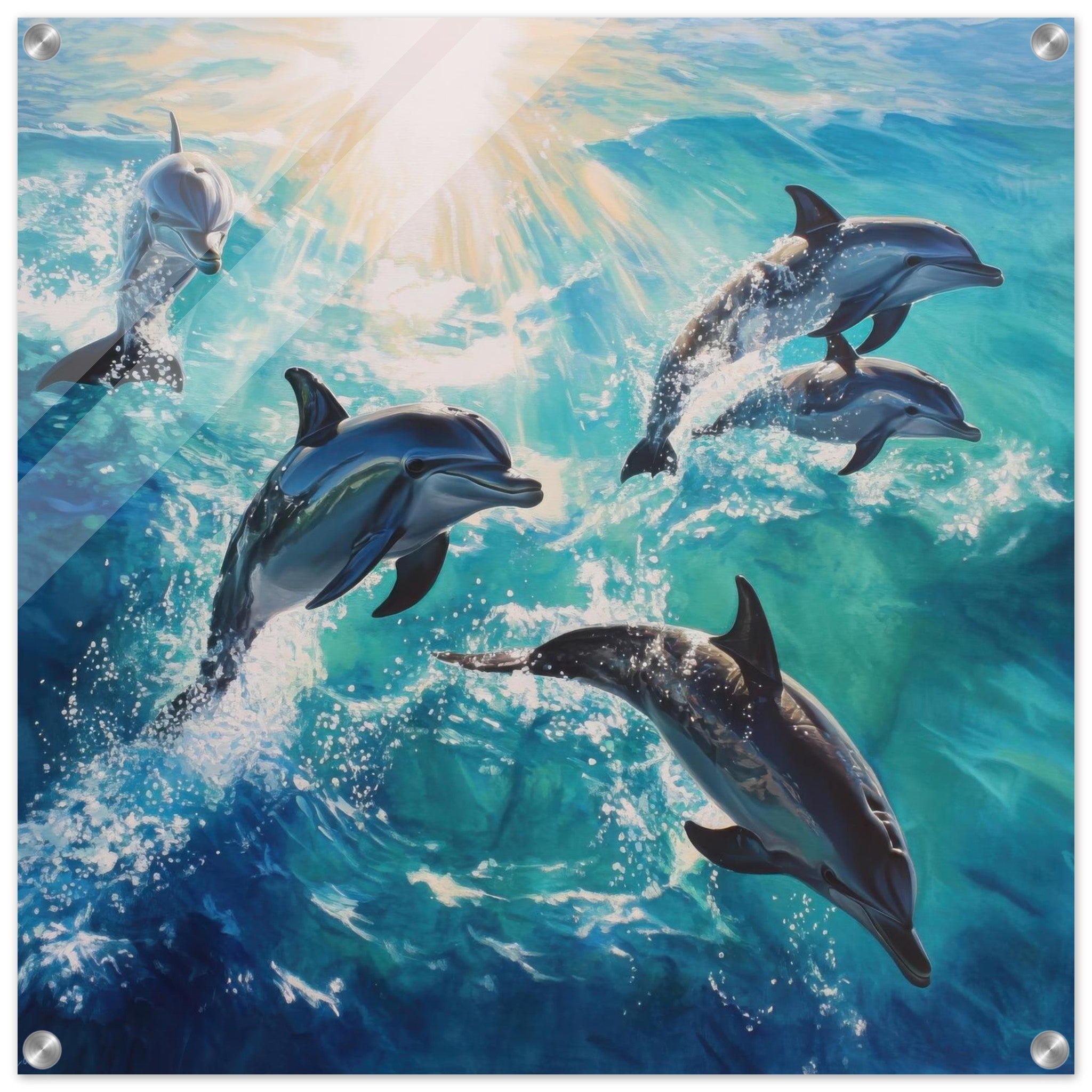 Acrylic Print Square - Playful Dolphins in Crystal Clear Waters - Shop Ai Art WebShop - Digital Art online Store