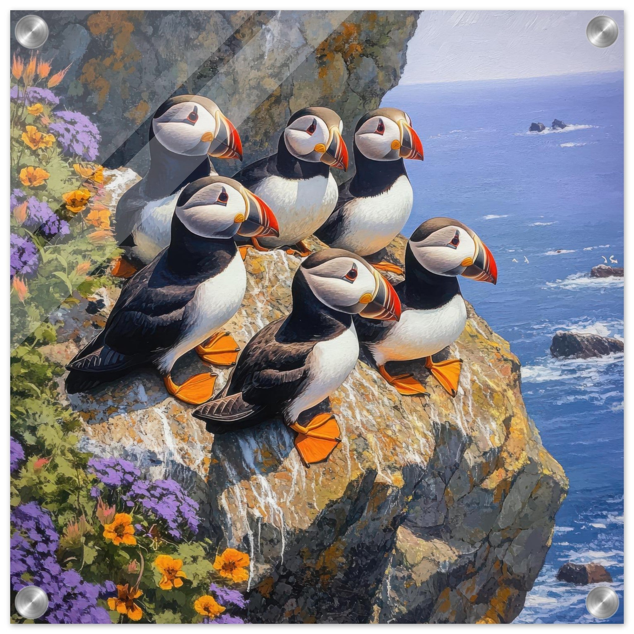 Acrylic Print Square - Puffins Nesting on a Cliffside 2 - Shop Ai Art WebShop - Digital Art online Store
