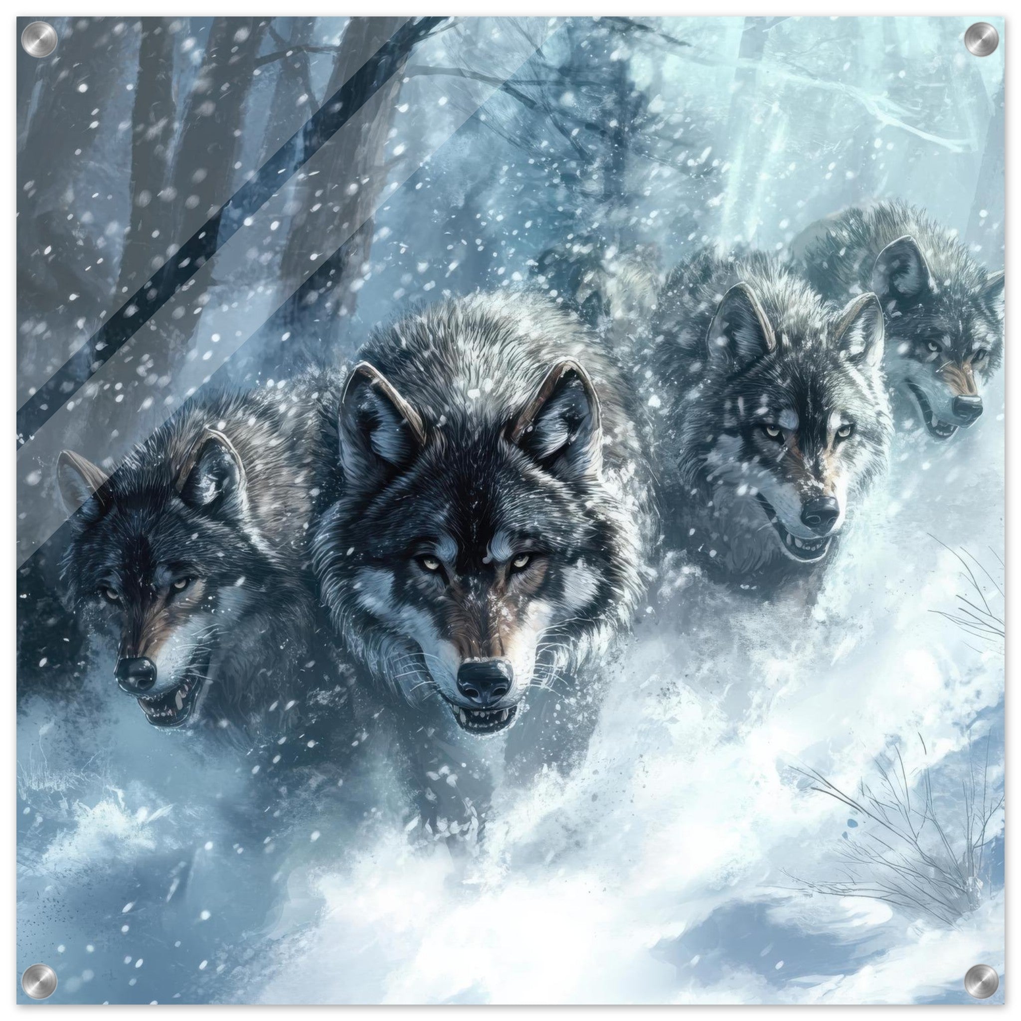 Acrylic Print Square - Wolf Pack in the Snowy Wilderness - Ai Art Force