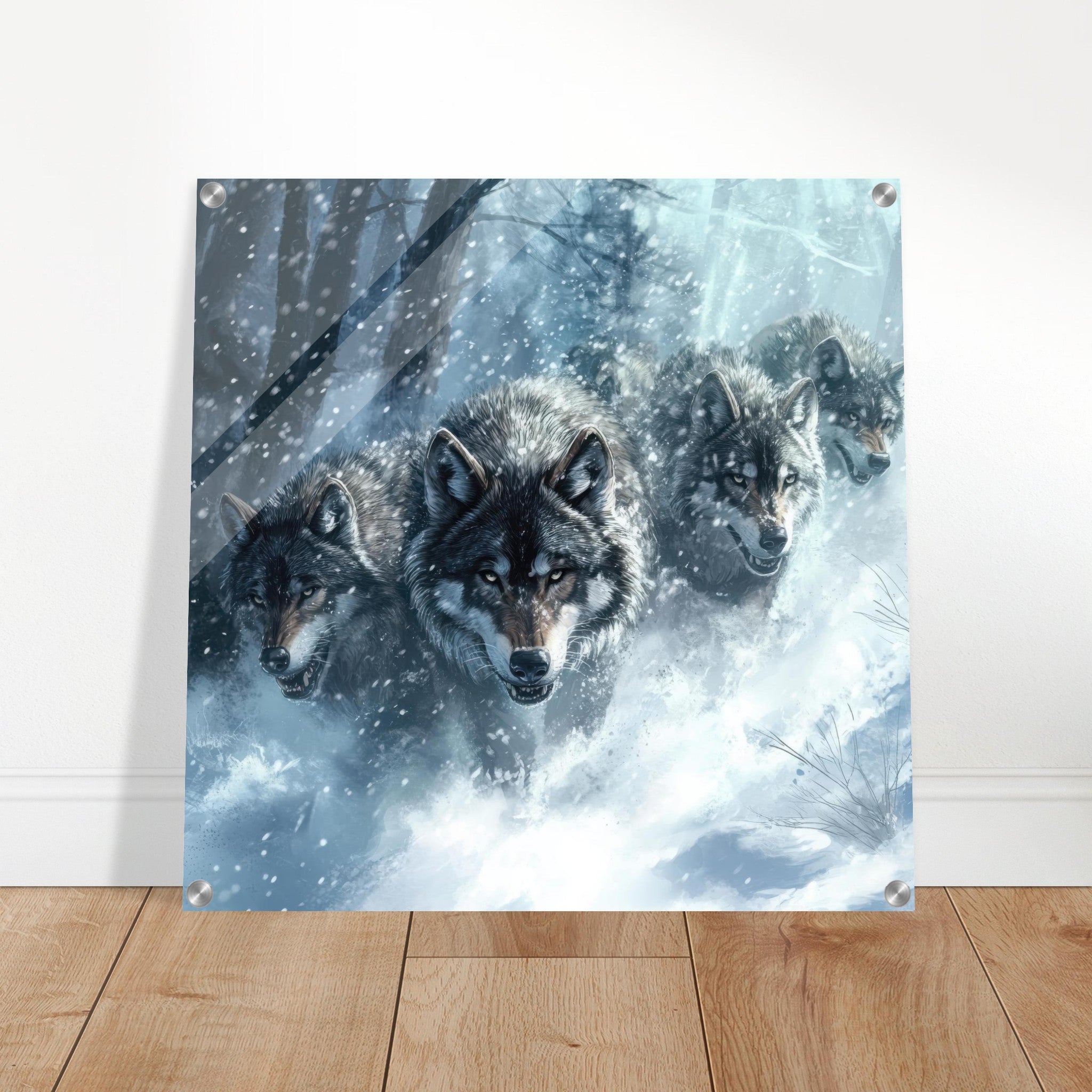 Acrylic Print Square - Wolf Pack in the Snowy Wilderness - Ai Art Force