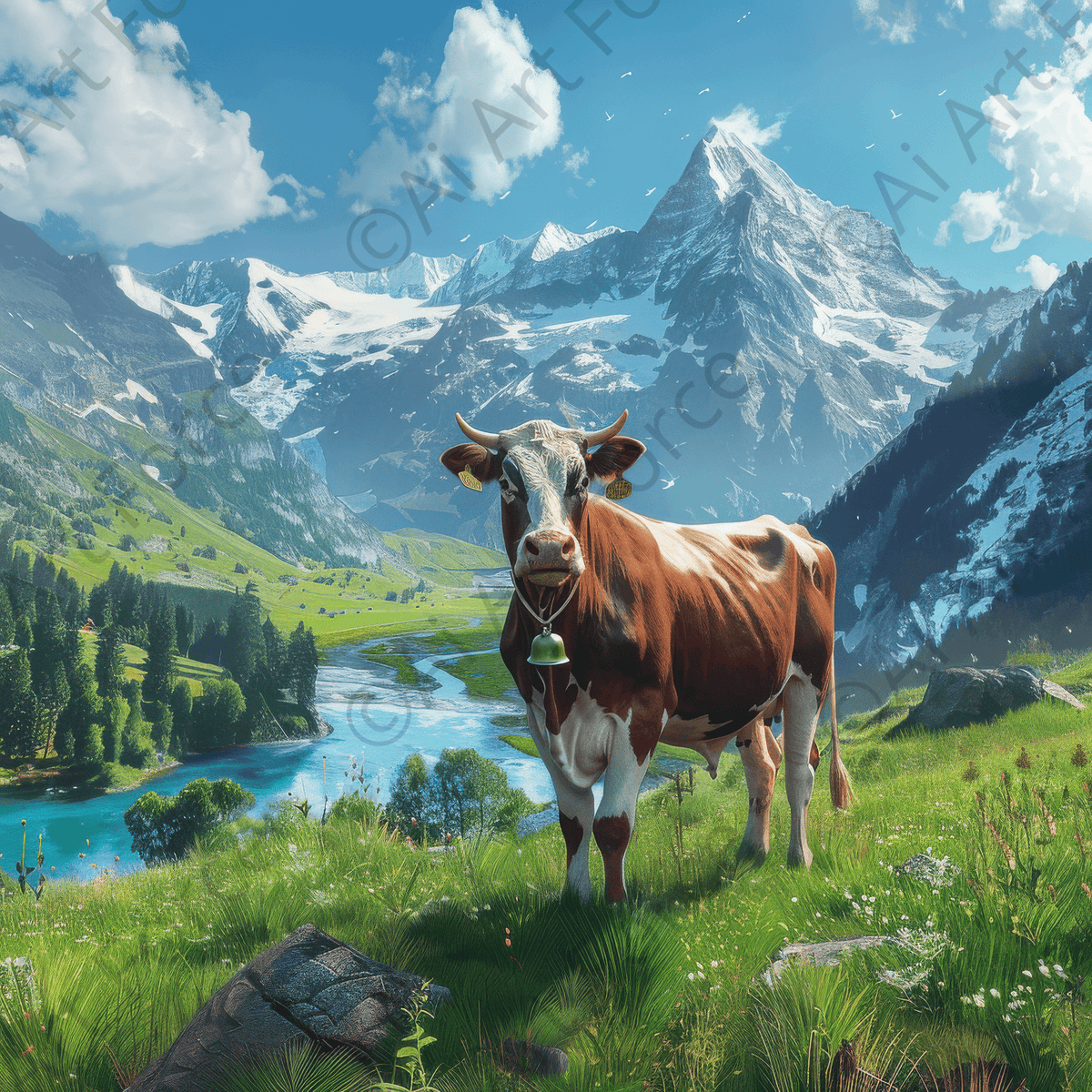 Alp Cow enjoying the high Alp Mountains - Shop Ai Art WebShop - Digital Art online Store