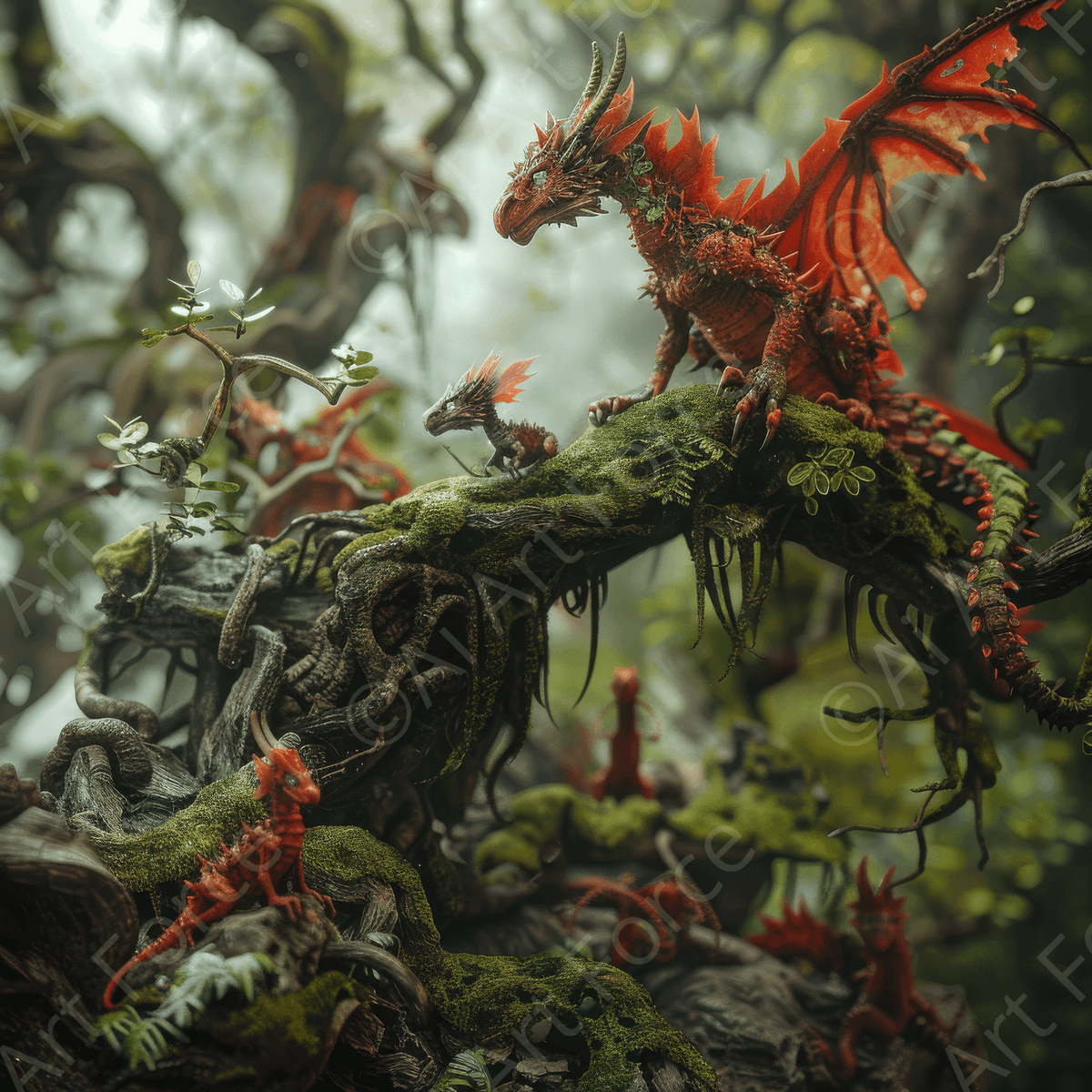 Amazing fantasy world with fantasy creatures 55mm dragon family 4 - Shop Ai Art WebShop - Digital Art online Store