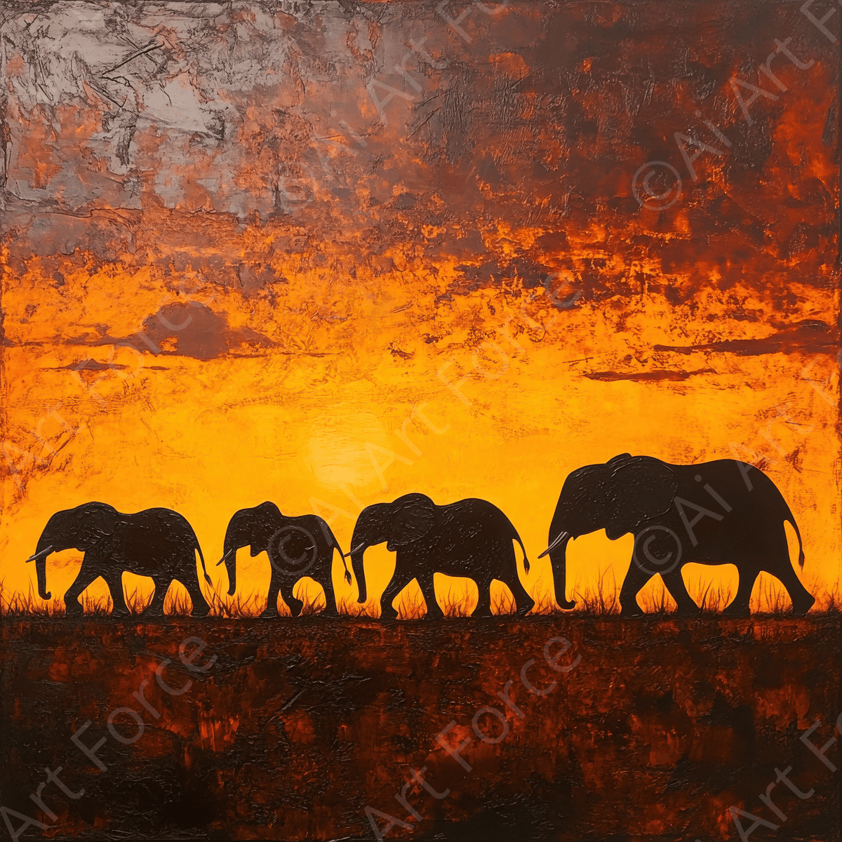 Herd of Elephants at Sunset 2 - Shop Ai Art WebShop - Digital Art online Store