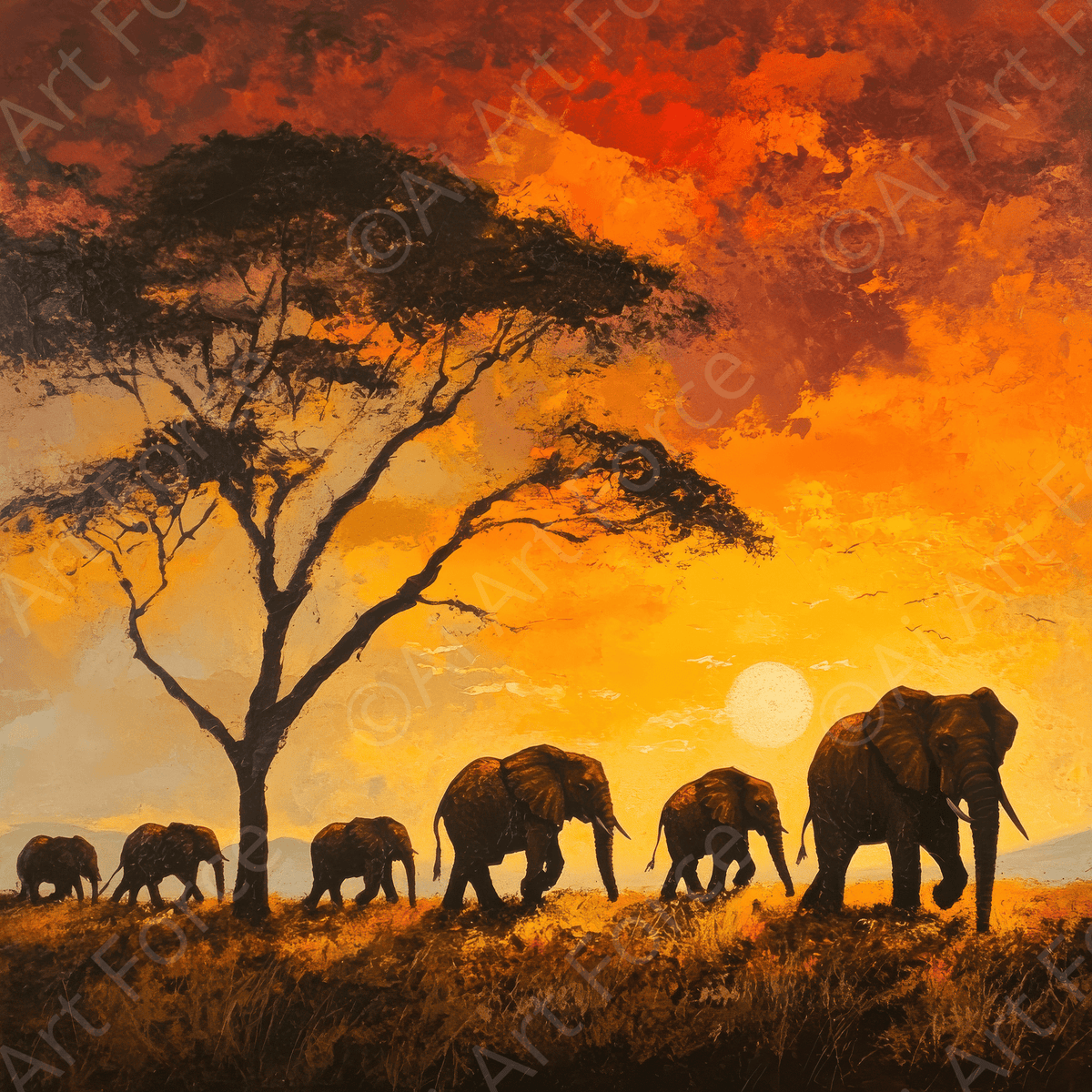 Herd of Elephants at Sunset - Shop Ai Art WebShop - Digital Art online Store
