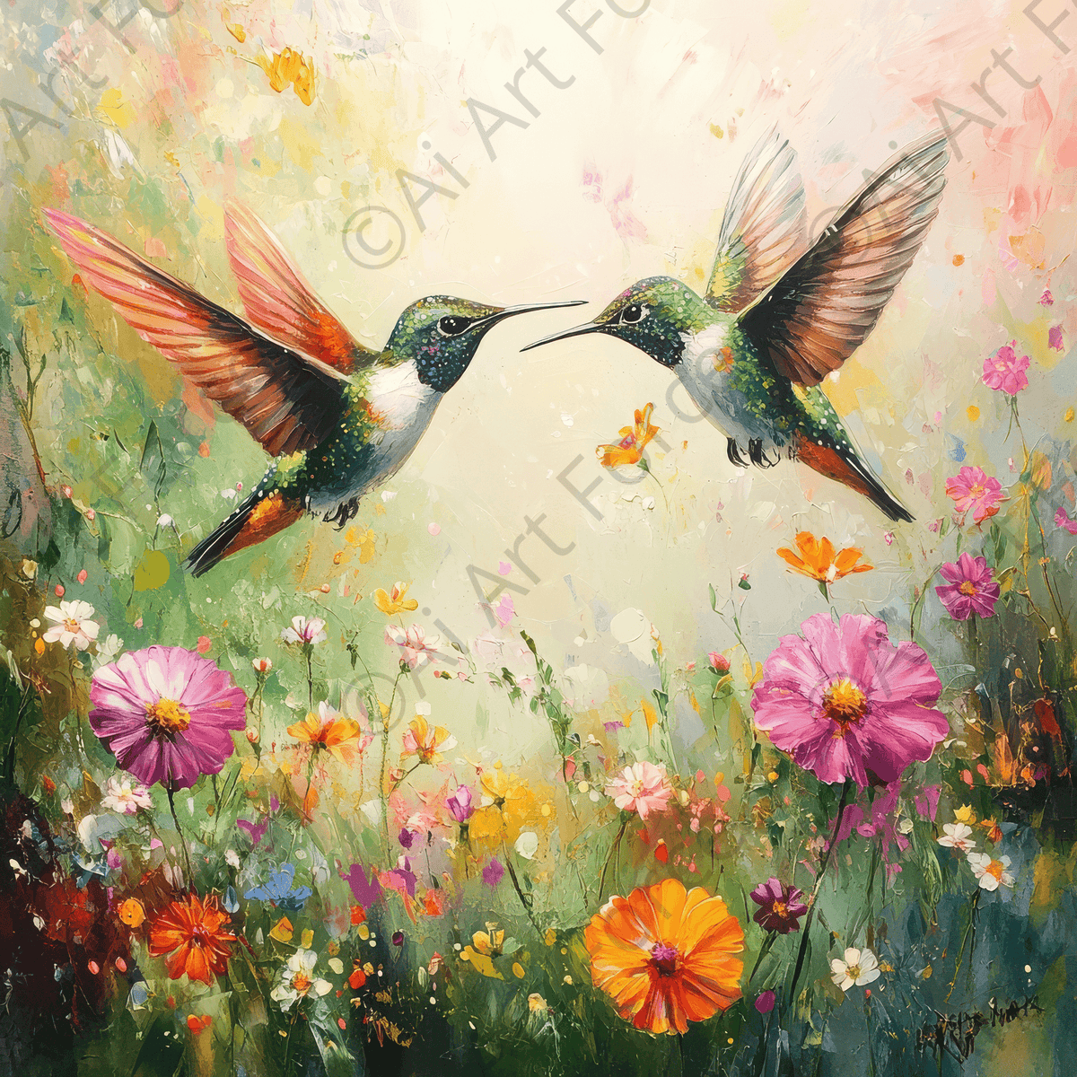 Hummingbirds Feeding on Flowers - Shop Ai Art WebShop - Digital Art online Store