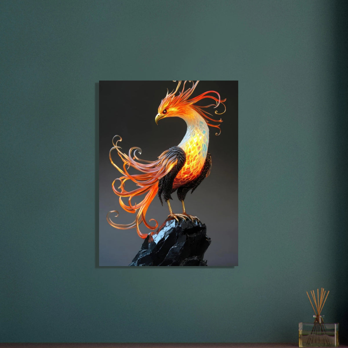 Hybrid phoenix with curling opal flame feather 2 - Shop Ai Art WebShop - Digital Art online Store