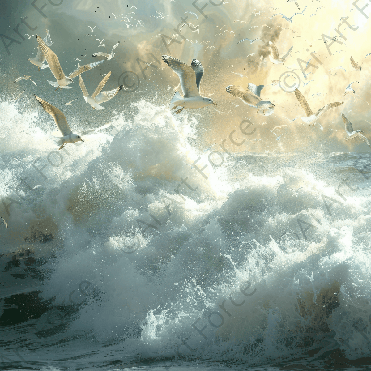 Impressionism beautiful seawaves with seagels flying around 2 - Shop Ai Art WebShop - Digital Art online Store