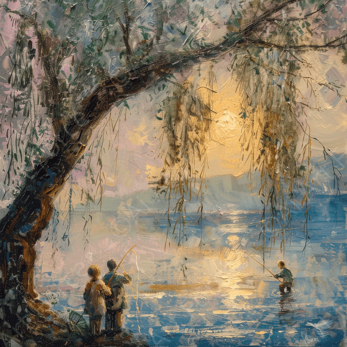 Impressionism Children fishing at a beautiful lake with Willow tree 11 - Shop Ai Art WebShop - Digital Art online Store