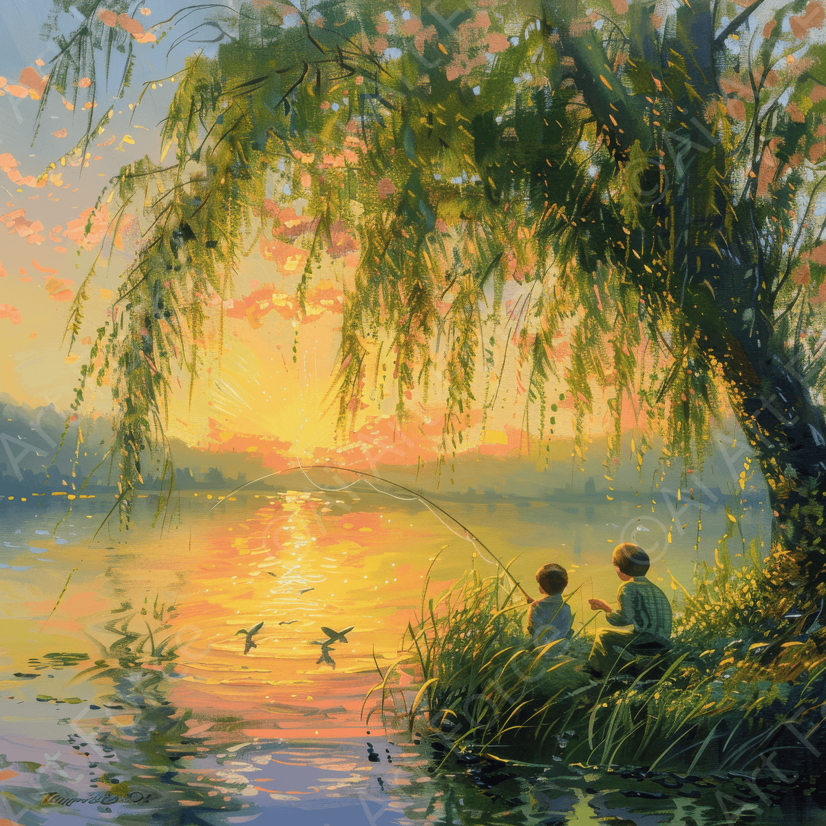 Impressionism Children fishing at a beautiful lake with Willow tree 5 - Shop Ai Art WebShop - Digital Art online Store