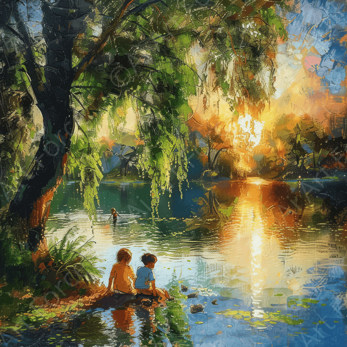 Impressionism Children playing at a beautiful lake with Willow tree 3 - Shop Ai Art WebShop - Digital Art online Store