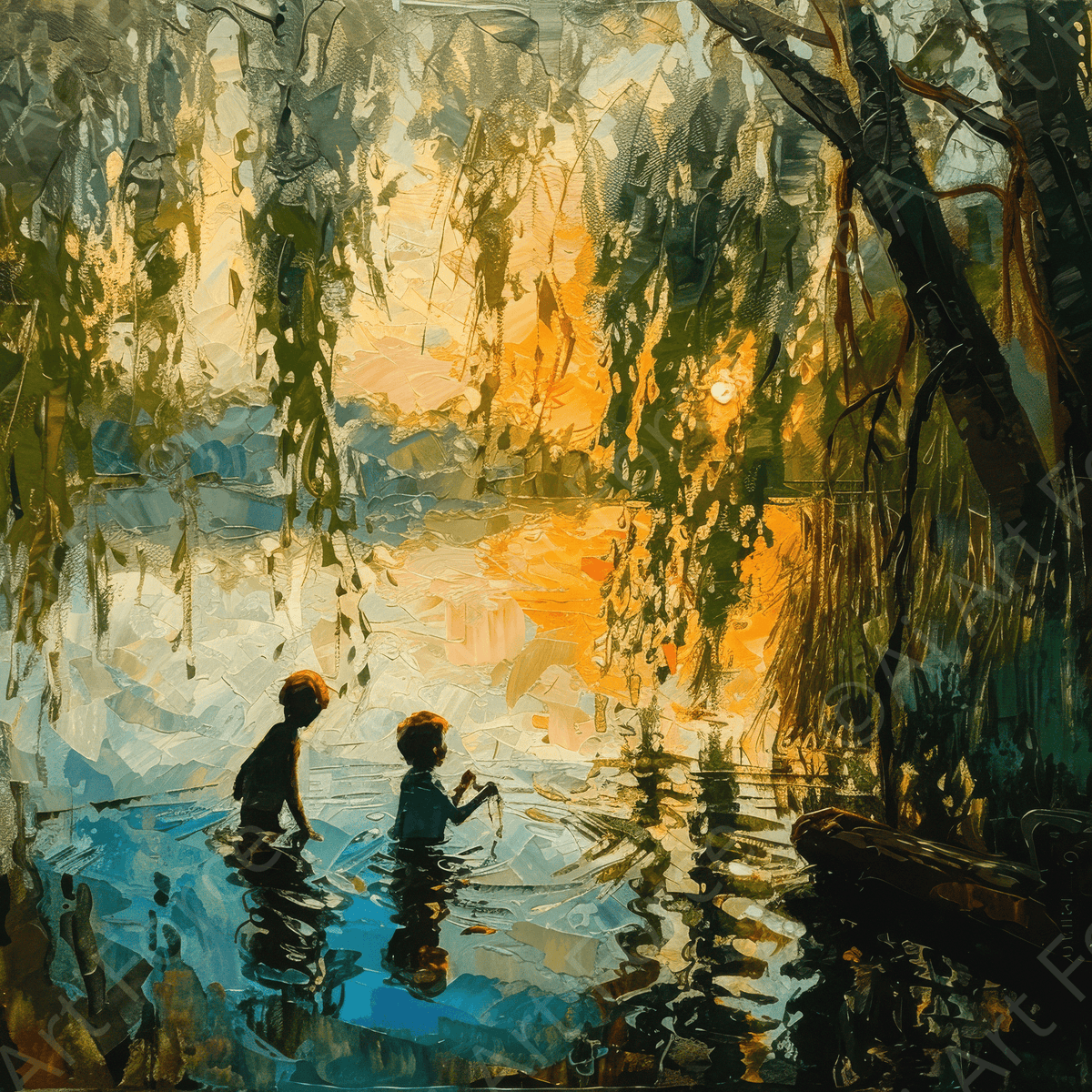 Impressionism Children playing at a beautiful lake with Willow tree 4 - Shop Ai Art WebShop - Digital Art online Store