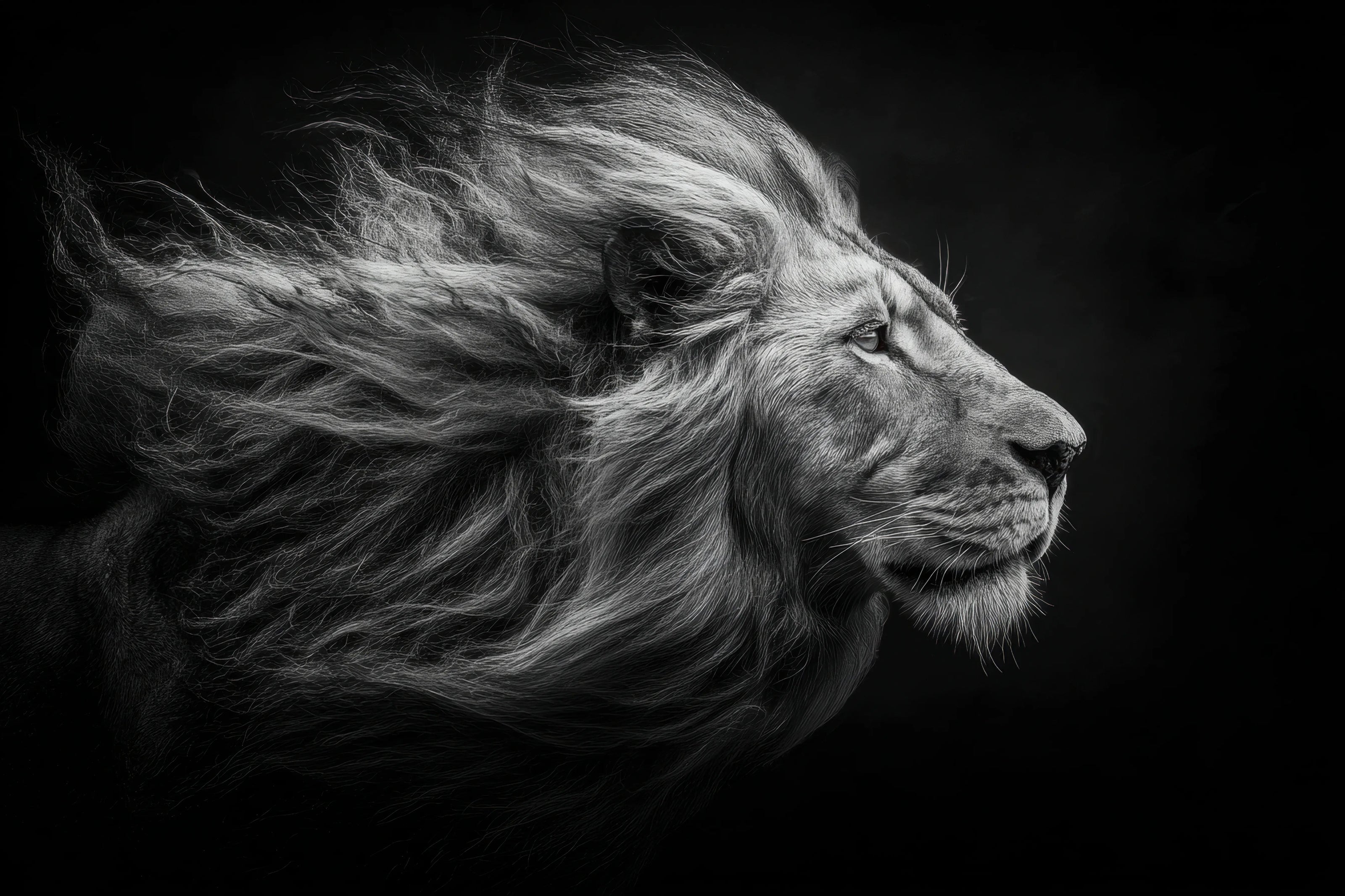 Black and white profile of a lion against a dark background